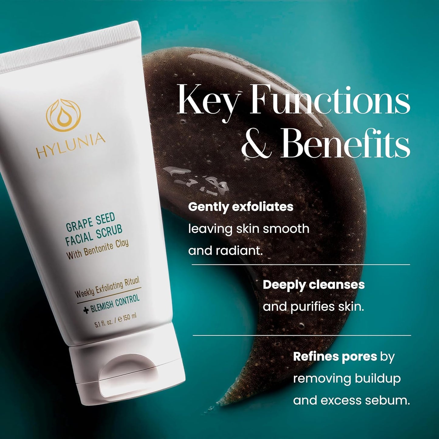 Hylunia Skincare Grape Seed Facial Scrub – Gentle Exfoliating Face Scrub with Ground Grape Seed, Bentonite Clay, and Alpha Hydroxy Acid for smooth, glowing skin and refined pores, 5.1oz
