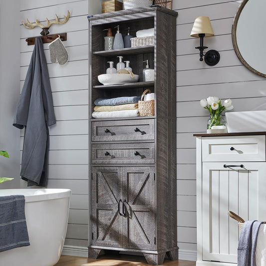 ACCOHOHO Bathroom Storage Cabinet, 72" Tall Farmhouse Storage Cabinet with 2 Drawers, Adjustable Shelves & Barn Door, Cabinet for Bathroom, Living Room, Kitchen, Grey Wash