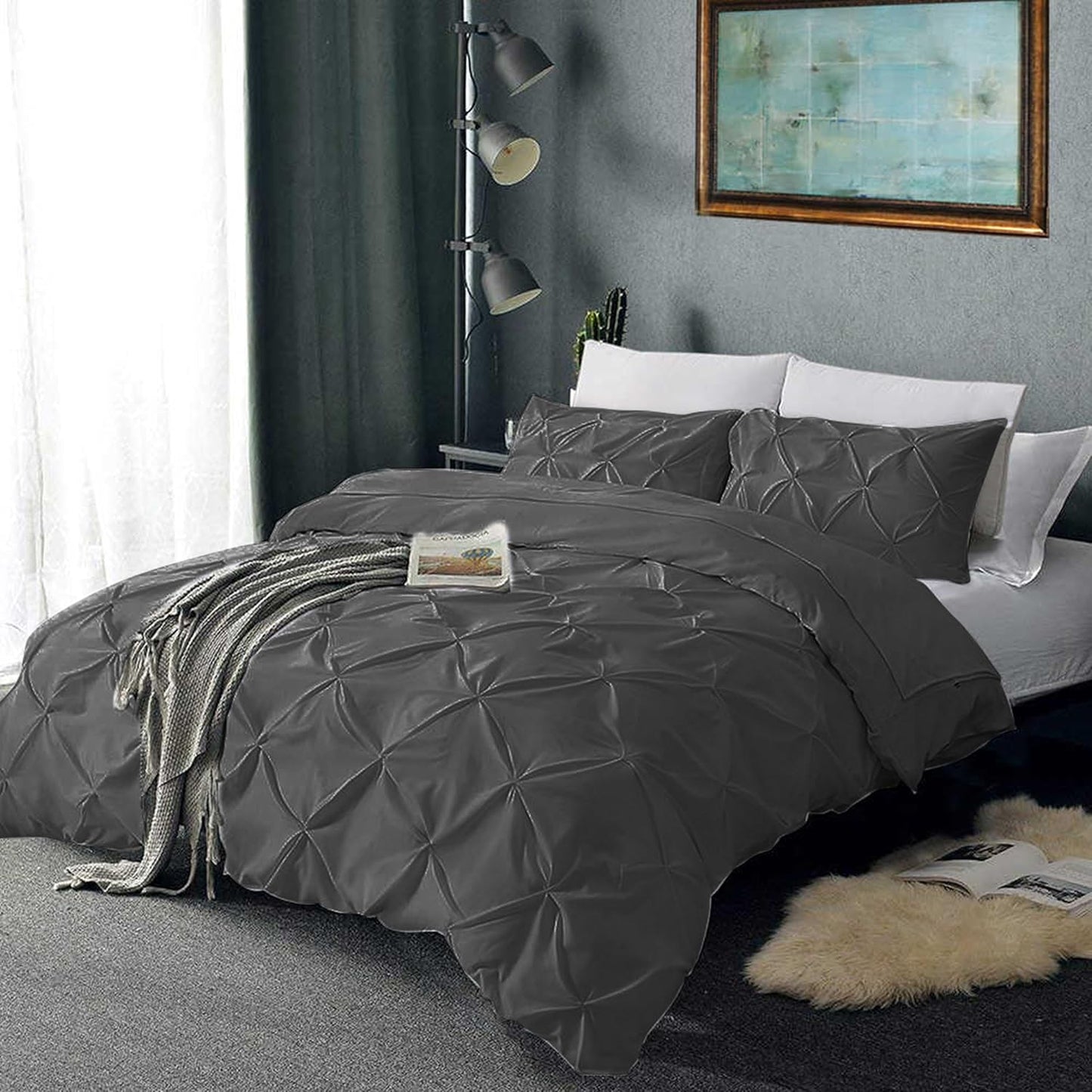 Pinch Pleated Duvet Cover Set 100% Cotton 3PC Alaska King Size 120x132 Duvet Cover Set, Decorative Pinch Design Dark Grey Duvet Cover with Matching Pillow Case