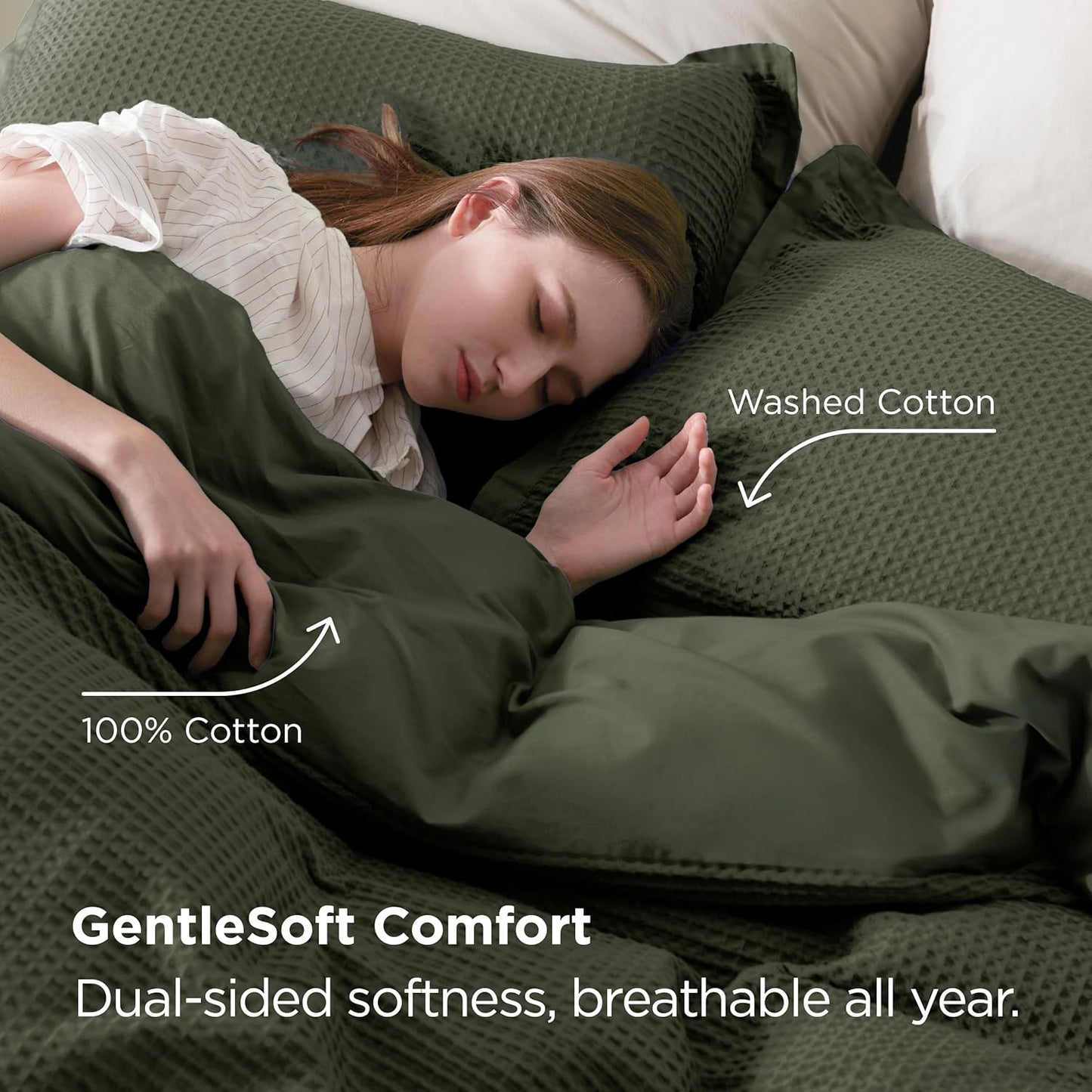 Bedsure 100% Cotton Duvet Cover Queen Size with Fitted Sheet - 4 Pieces Olive Green Waffle Weave Bedding Set, GentleSoft™ and Breathable, Includes 1 Duvet Cover 90x90, 1 Fitted Sheet, 2 Pillow Shams