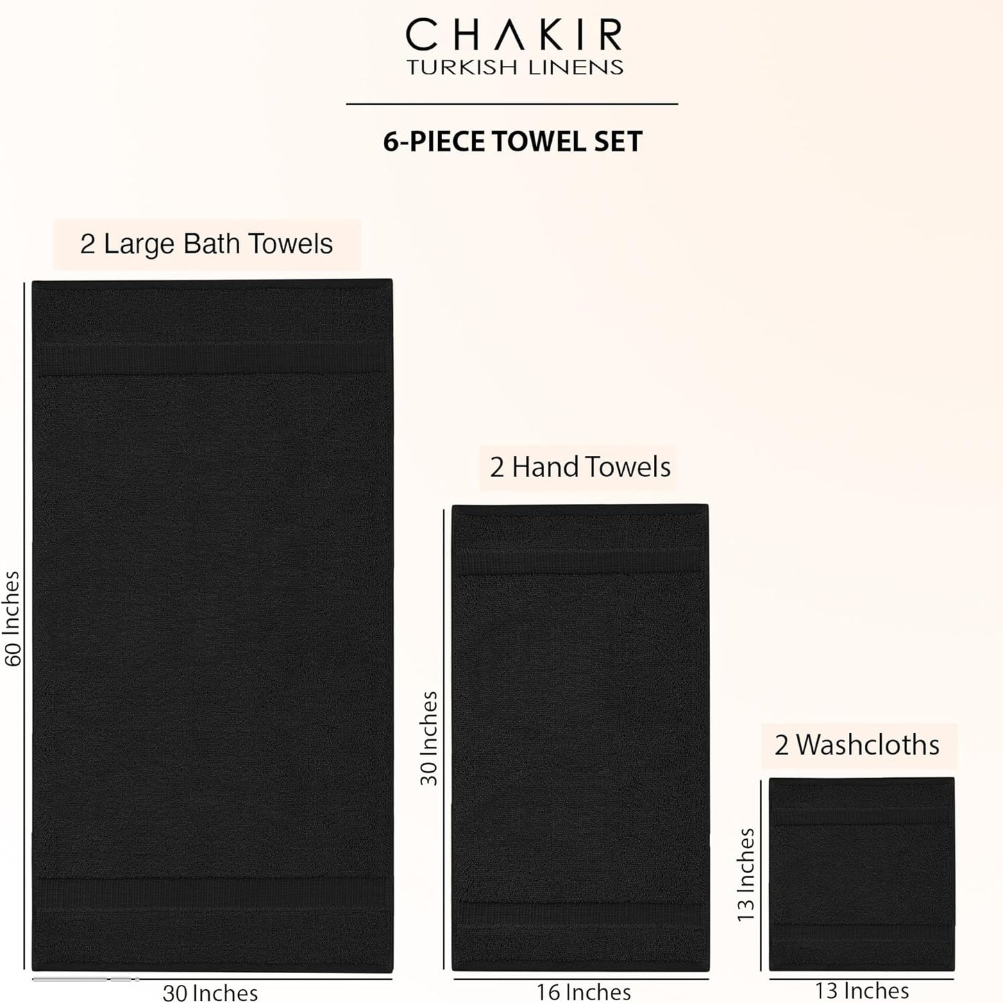 Chakir Turkish Linens 100% Cotton Premium Turkish Towels for Bathroom, 2 Large Bath Towels, 2 Hand Towels, 2 Washcloths (6-Piece Towel Set, Black)