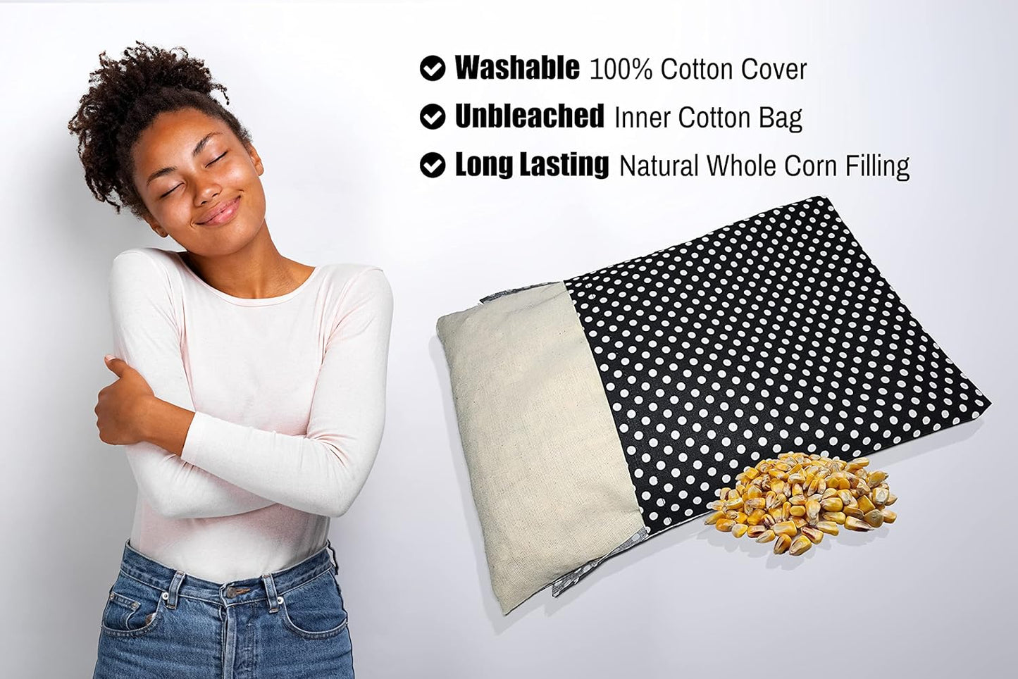 Microwavable Corn Filled Heating Pad and Cold Pack/Washable 100% Cotton Cover (Polka Dot - Black, 7.5in W x 11in L)