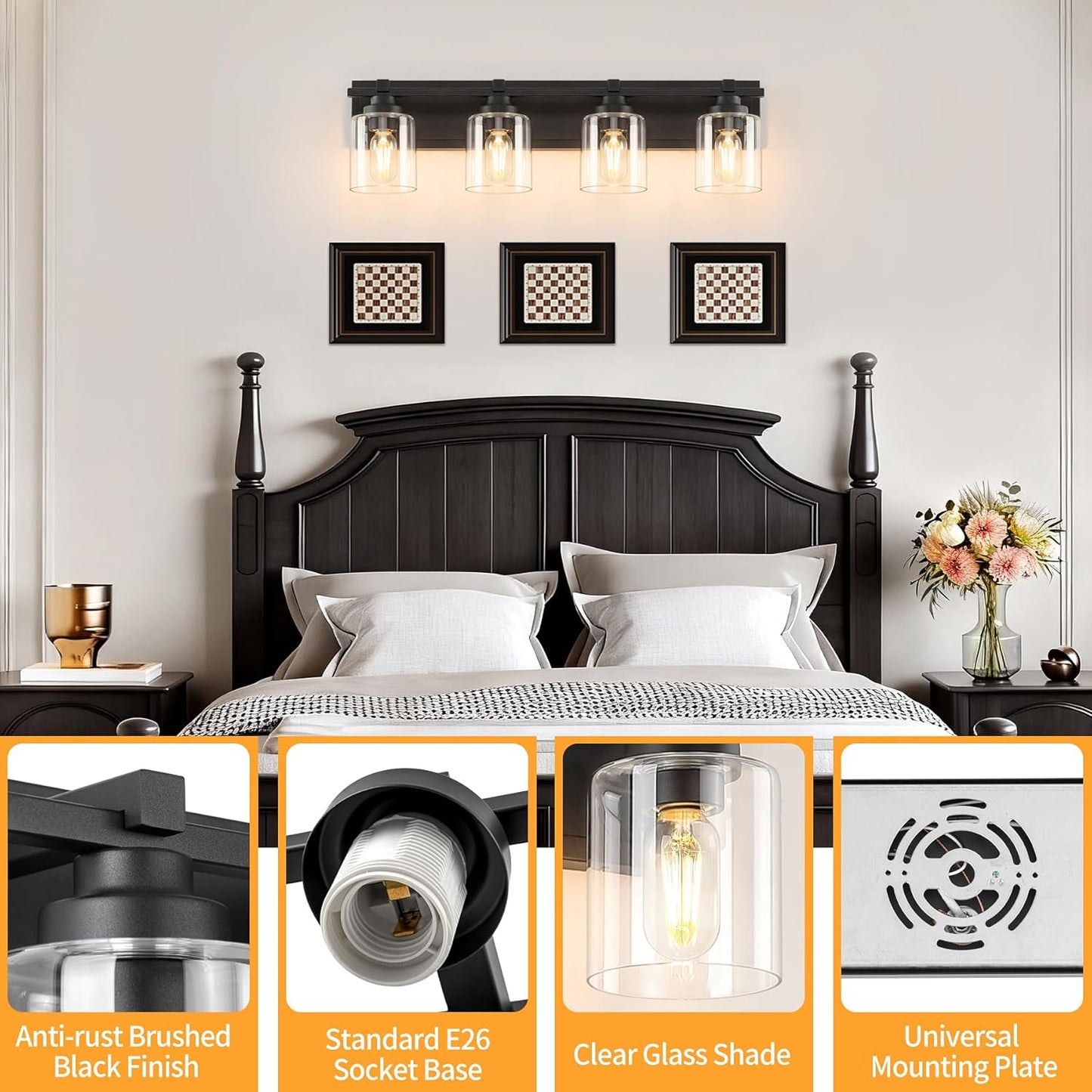 4 Light Modern Bathroom Light Fixtures Over Mirror, Black Vanity Lights for Bathroom Wall Sconces with Clear Glass Shades, E26 Socket (Bulbs Not Included)