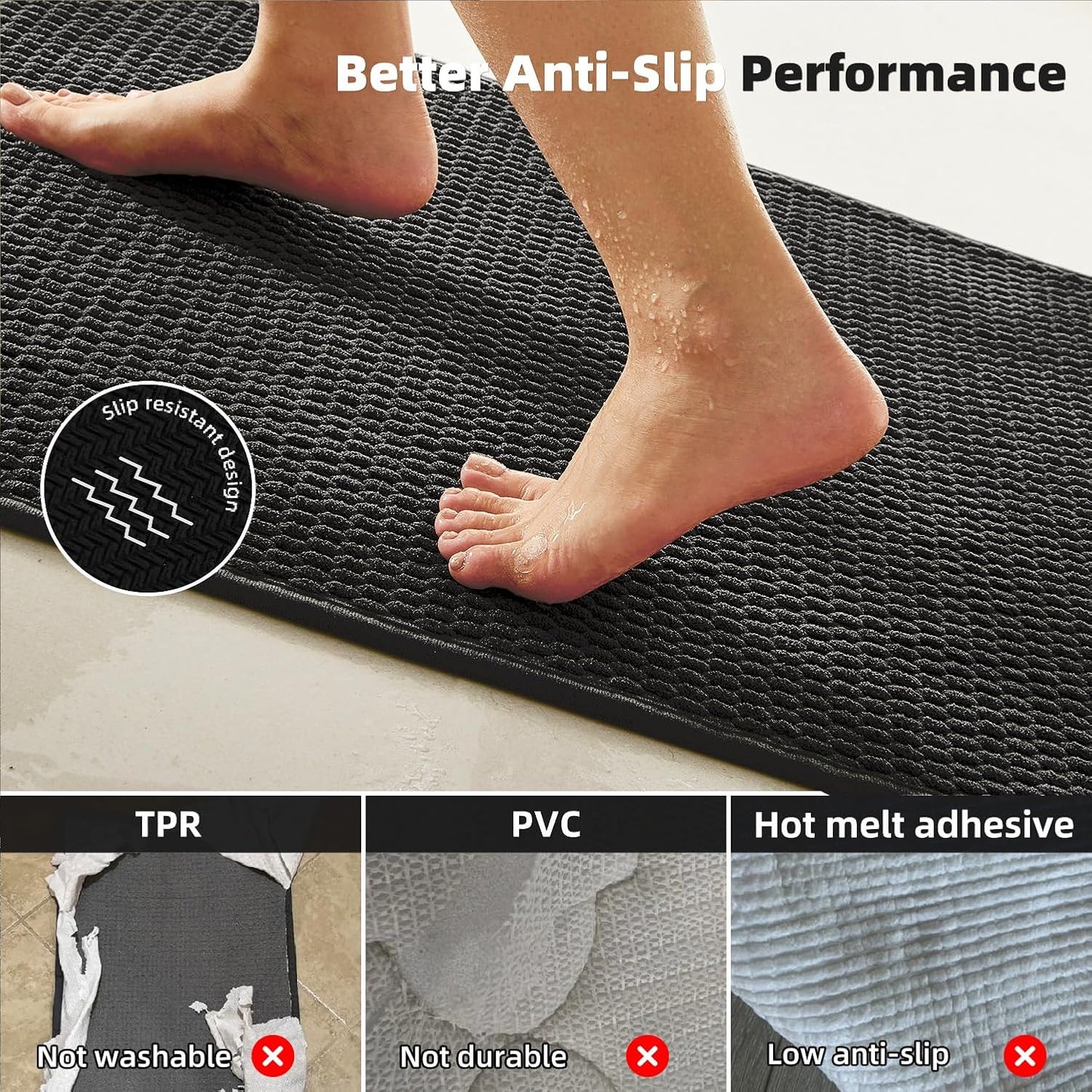 Black Bathroom Runner Rugs, Long Bath Mat Runner Washable Thin Quick Dry Low Pile Bathroom Runner Rugs Non Slip, Black 16''x60''