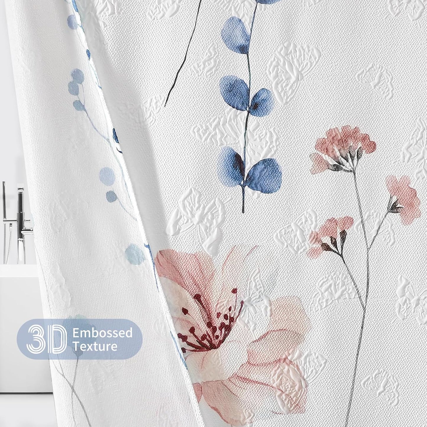 QiyI Watercolor Floral Shower Curtain, 3D Embossed Butterflies Blue Pink Flower Bathroom Curtain, Minimalist White Cloth Bath Curtain, Waterproof Fabric Textured Shower Curtain Set with Hooks, 72x72