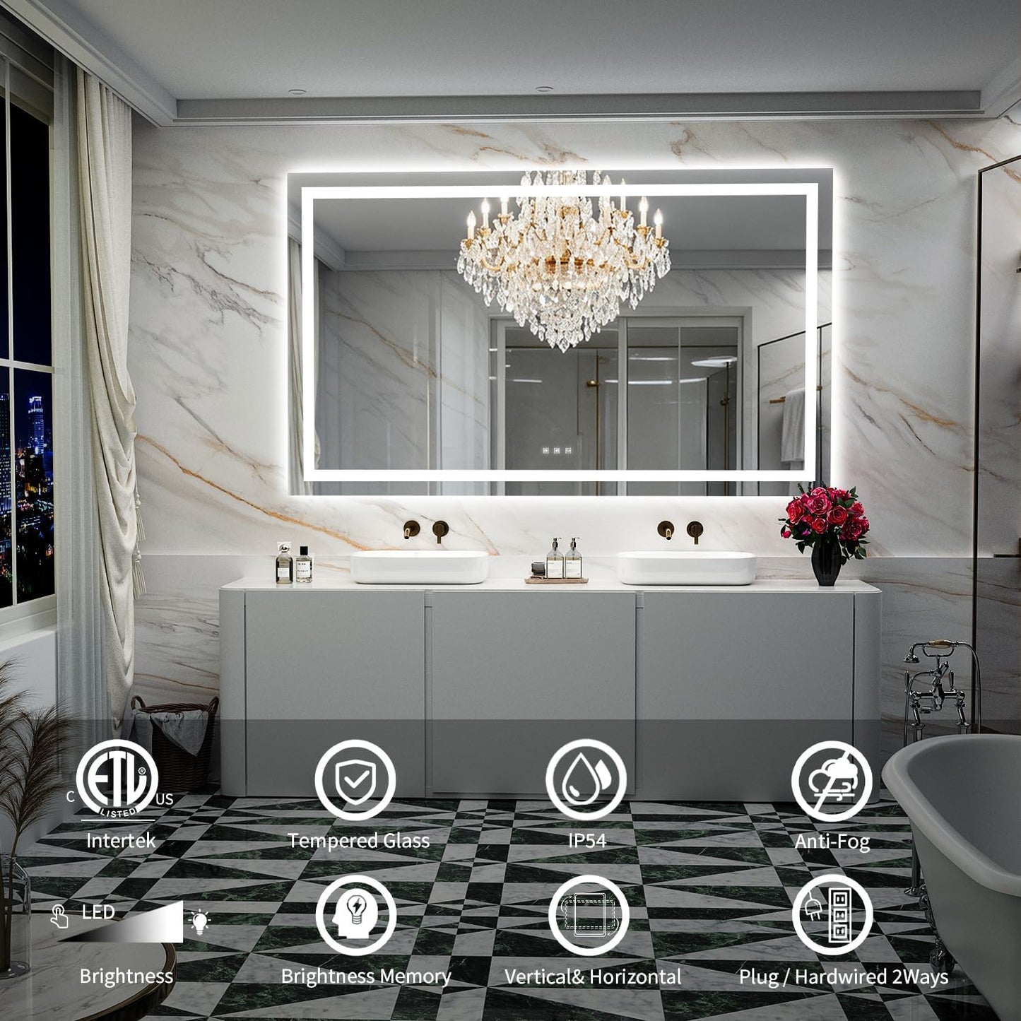 LED Mirror for Bathroom, 66x40 Inch Backlit + Front Lighted Bathroom Vanity Mirror with Lights for Wall, Double Light Strips, 3 Colors, Shatter-Proof, Anti-Fog and Brightness Memory