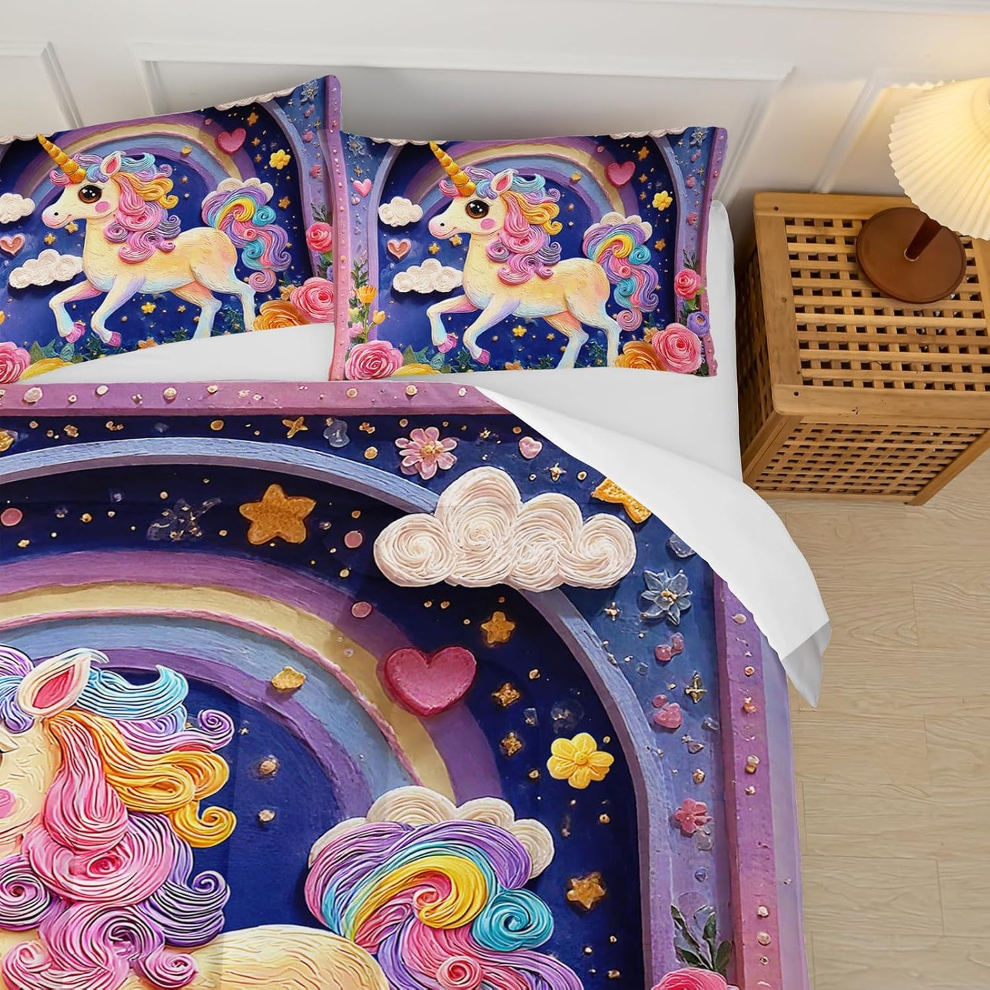 Pink Purple Rainbow Unicorn Flower Comforter Set Full for Kids Girls，Girls Unicorn and Rainbows Bedding Sets Full，with 1 Comforter with 2 Pillow Case，Unicorn Bedroom Decor and Bedding Set