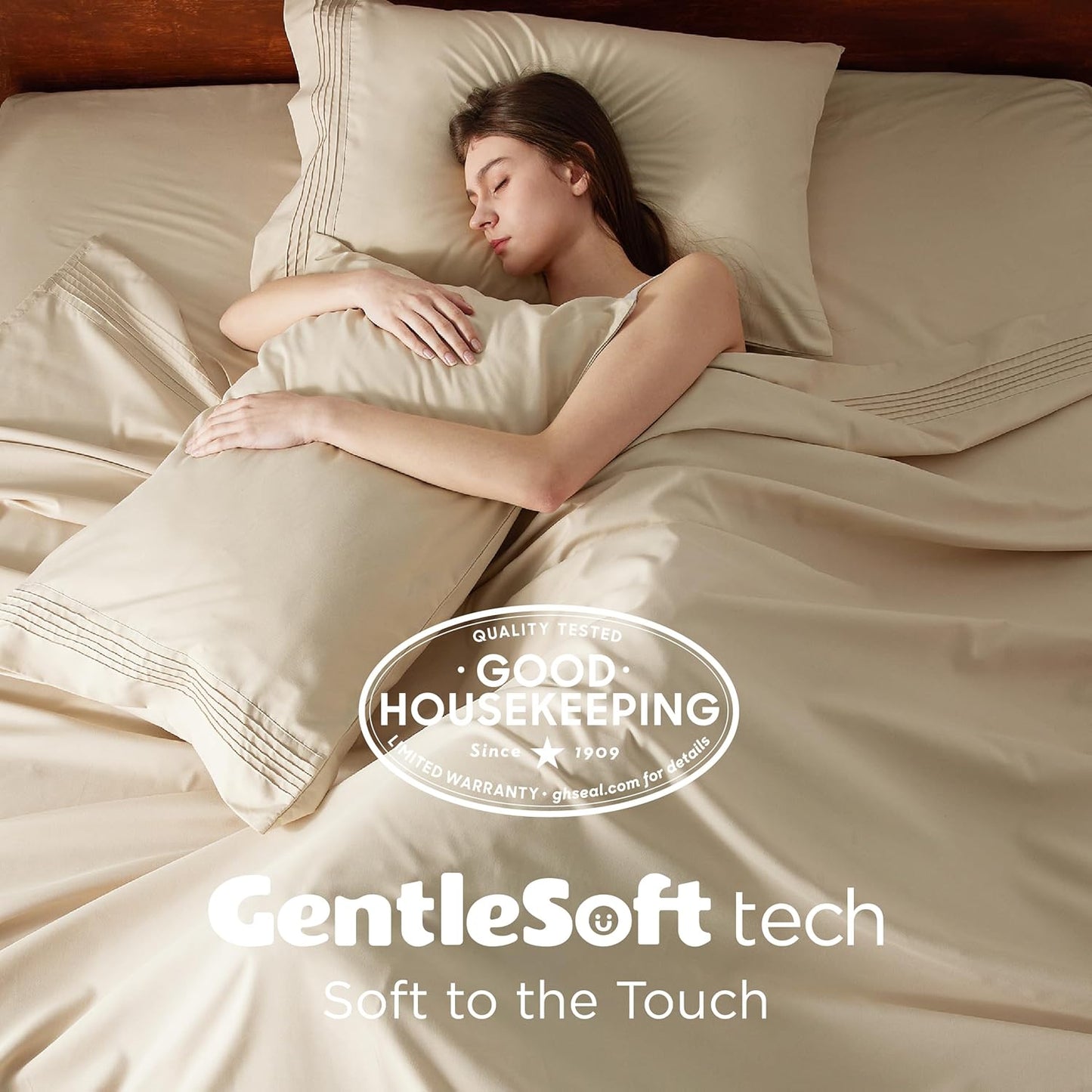 Bedsure Deep Pocket Queen Sheets Set - Fits Mattresses Up to 21 Inches Thick - 4 Piece GentleSoft Bed Sheets, Moisture Wicking, Soft & Cooling Bedsheet & Pillowcases, Easy & Secure Fit, Beige
