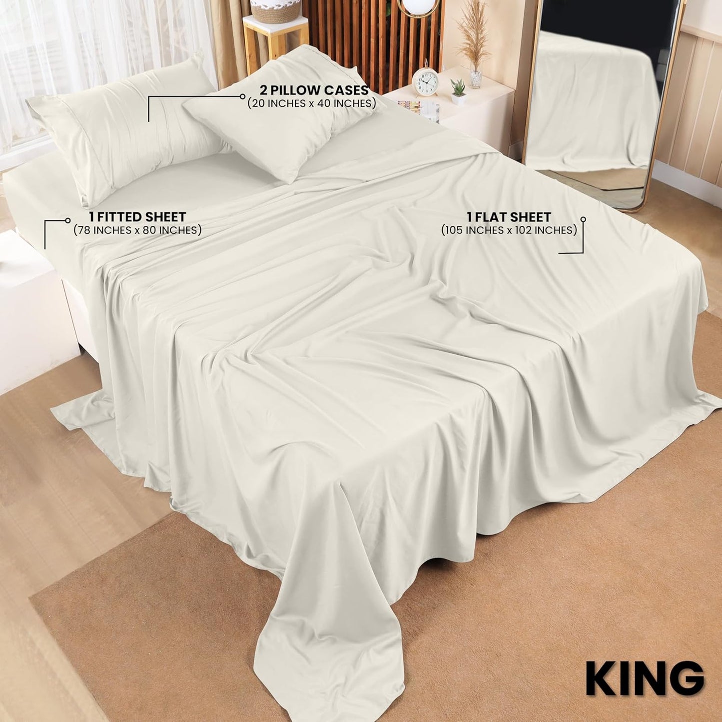 Utopia Bedding King Sheet Set – 4 Piece Bed Sheets for King Size Bed, Soft and Breathable Microfiber, Includes 1 Fitted Sheet, 1 Flat Sheet and 2 Pillowcases (Ivory)