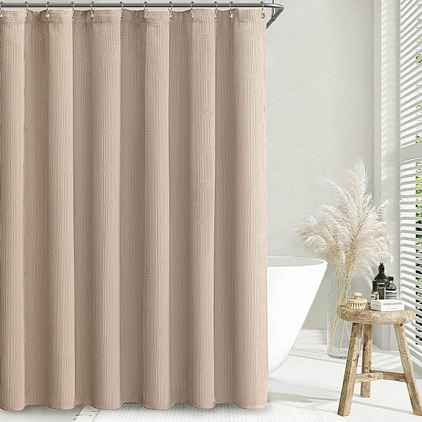 Awellife Boho Shower Curtains for Bathroom Cotton Fabric Touch Beige Bohemian Mid Century Minimalist Arch 72" L X 72" W