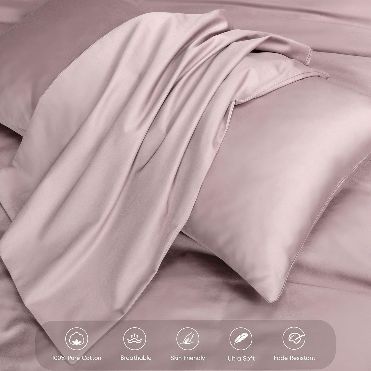 MooMee Duvet Cover Set 100% Extra Long Staple Cotton 600 Thread Count Silky Sateen Smooth Luxury Soft Breathable Durable Hotel Quality Bedding, 3 Pieces (Pale Mauve, Queen 90"x90")