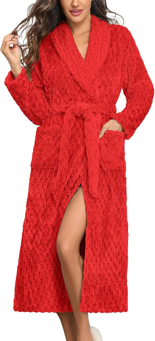 Ekouaer Women's Robe Long Plush Soft Bathrobe Jacquard Color Block Robes Shawl Collar Sleepwear with Pockets S-XXL