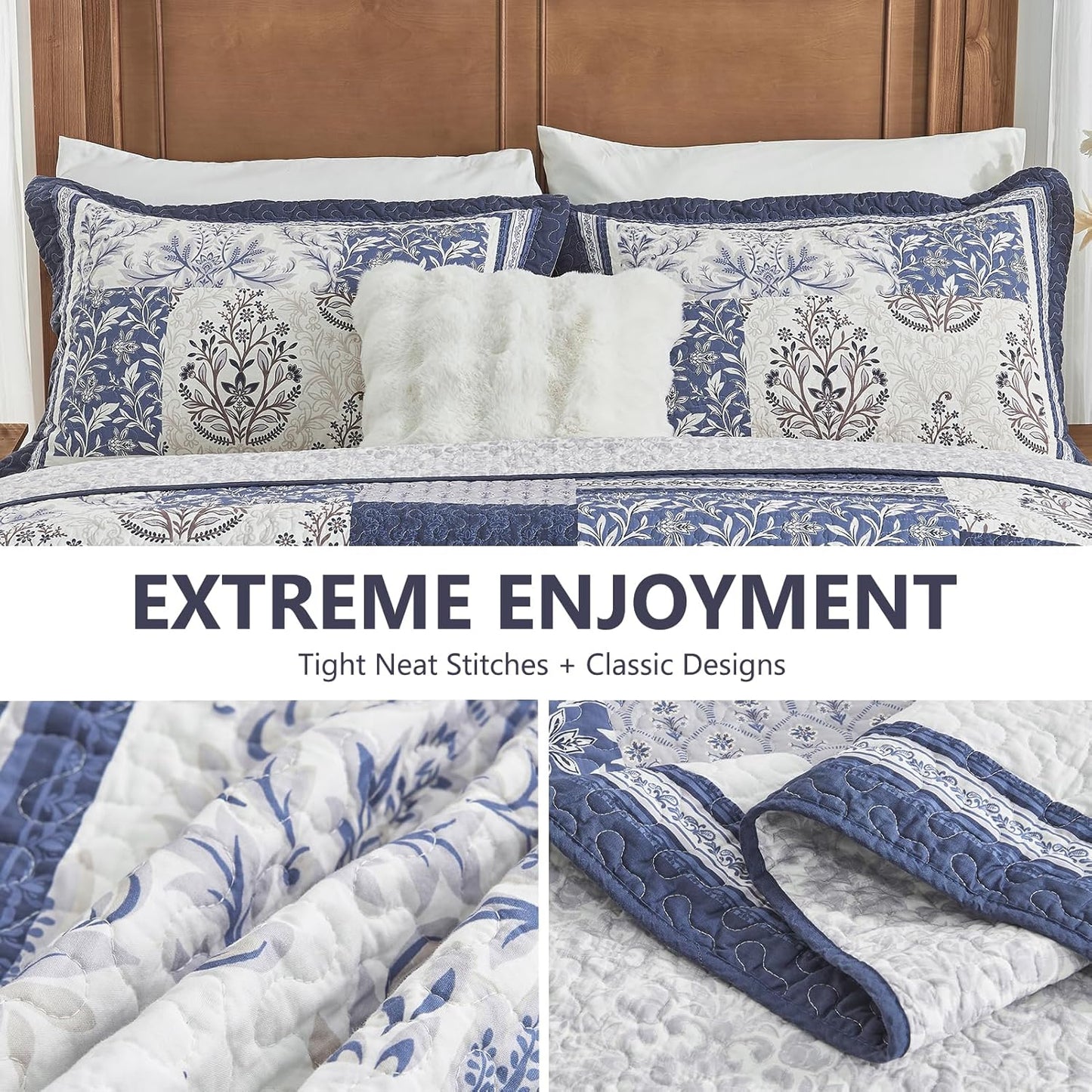 100% Cotton Quilt Set King Size - Floral Quilted Comforter, Patchwork Botanical King Quilt Bedspread, Reversible Vintage Farmhouse Lightweight Bedding for King Bed, 3pcs, Blue/Beige