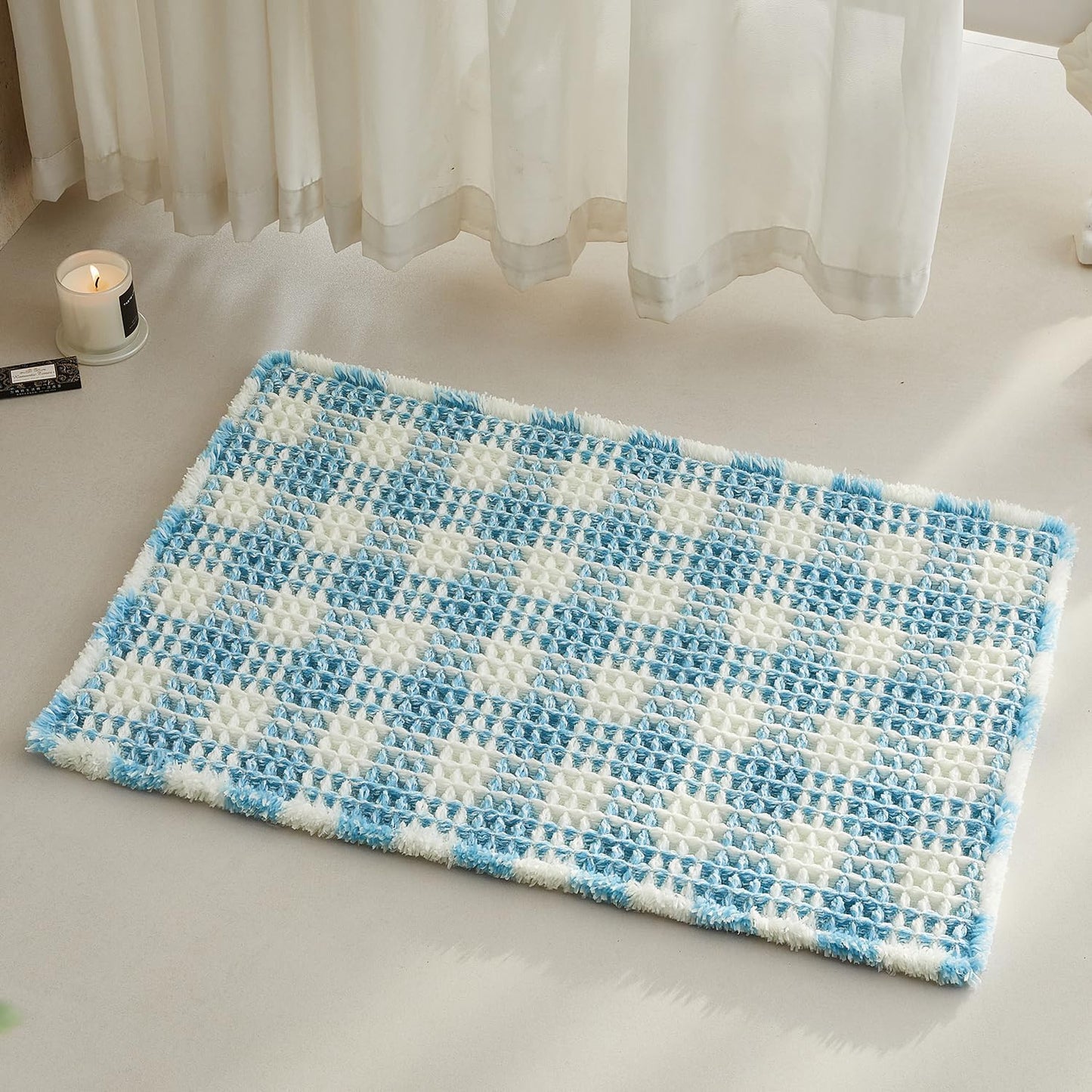 Waffle Bath Mat, Boho Bathroom Rugs Non Slip Washable Absorbent Checkered Bathroom Mat Quick Dry Cute Bath Mat, 30"x20" Blue and White