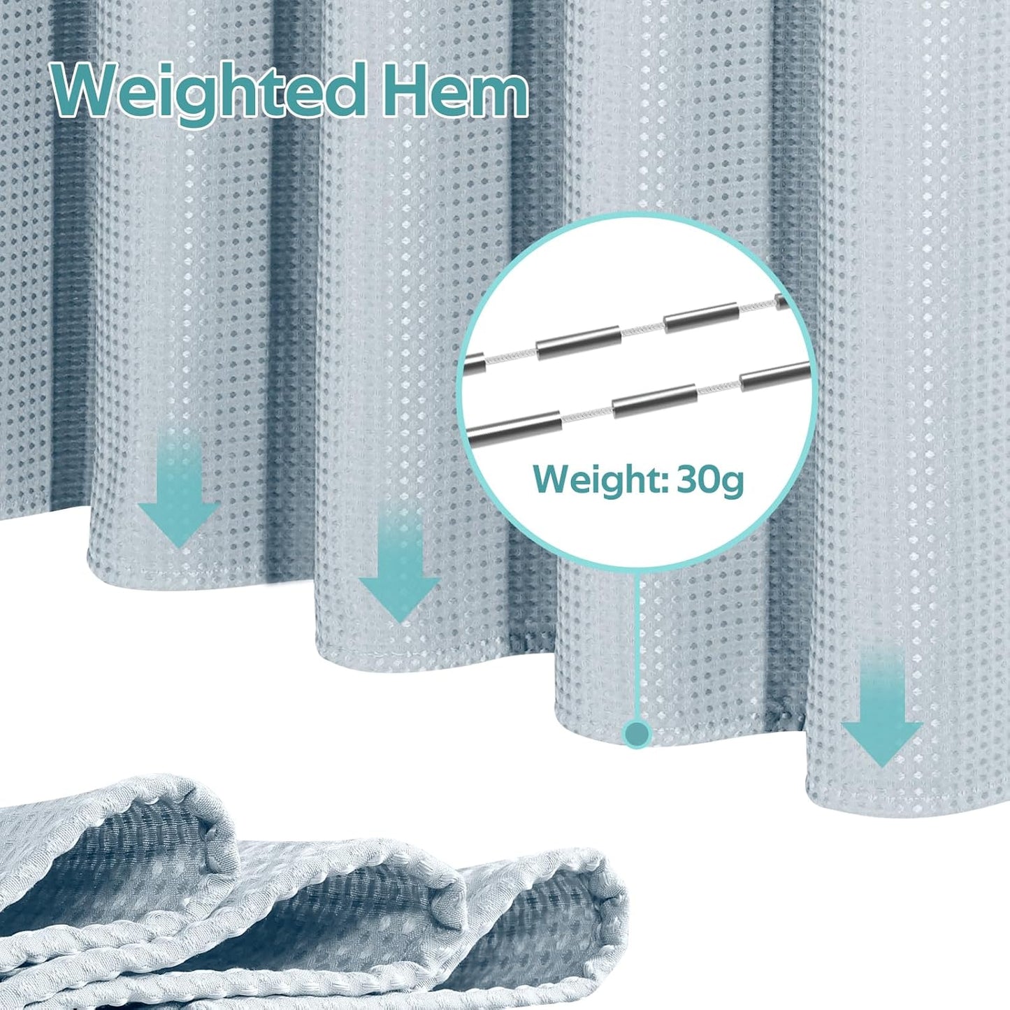 3 in 1 Shower Curtain Set, Waffle Shower Curtain and Liner Set with 12 Double Sided Shower Curtain Hooks, 258GSM Luxury Weighted Cloth Shower Curtains for Bathroom, 72 W x 72 H, Fog Blue