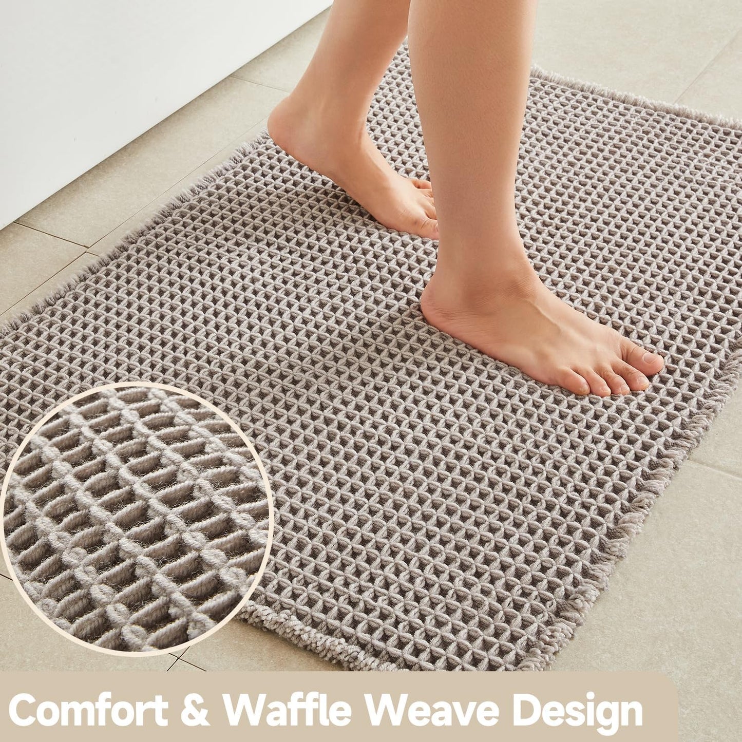 Waffle Bath Mat, Boho Bathroom Rugs Non Slip Washable Super Absorbent Quick Dry Bath Mat Farmhouse Bathroom Decor, 36"x24" Light Grey