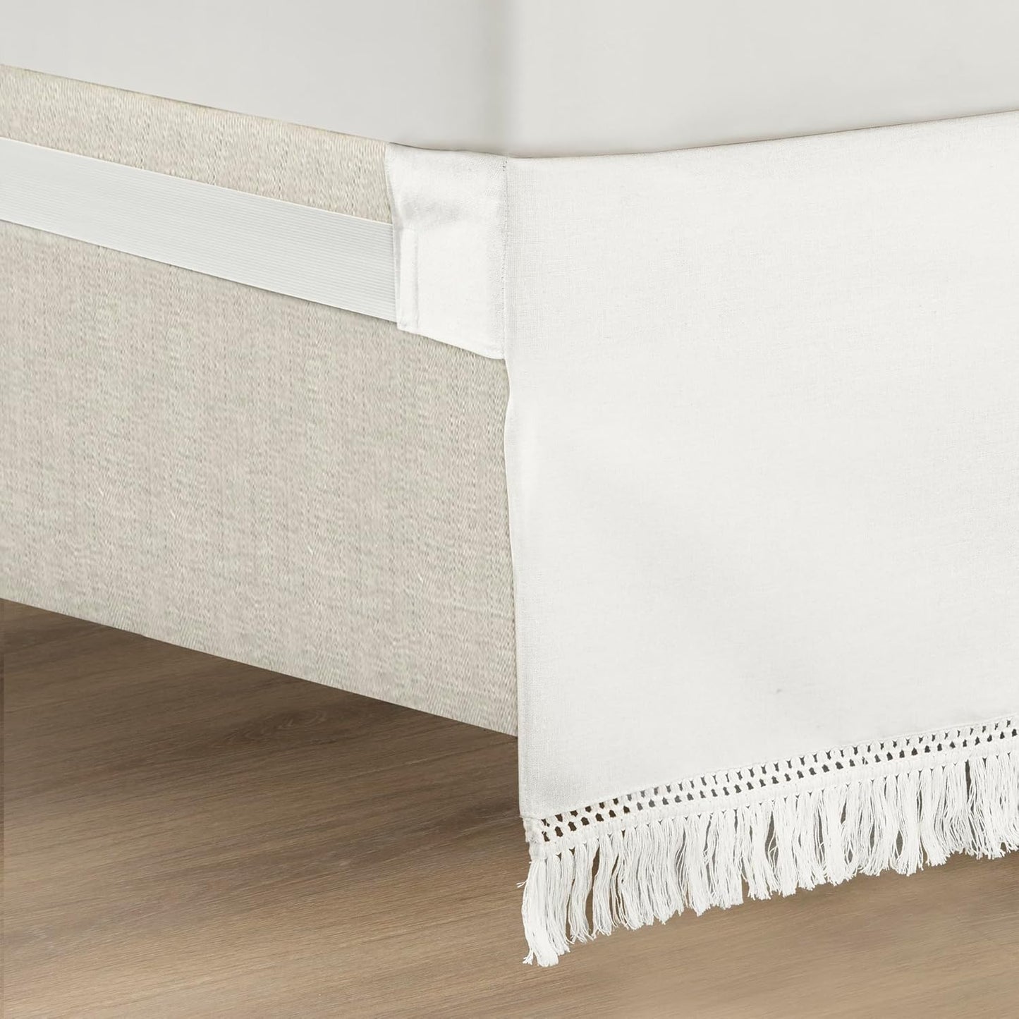 Lush Decor Boho Fringe 15-Inch Tailored Drop Easy Fit Bedskirt, Queen, Pure White