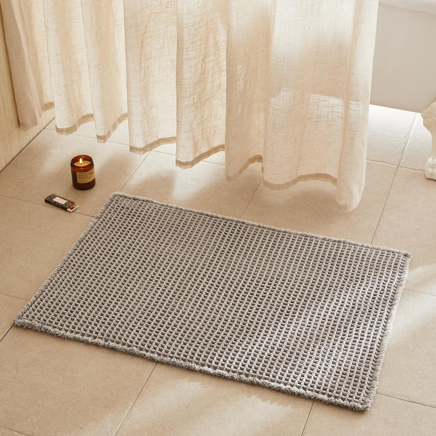 Waffle Bath Mat, Boho Bathroom Rugs Non Slip Washable Super Absorbent Quick Dry Bath Mat Farmhouse Bathroom Decor, 36"x24" Light Grey