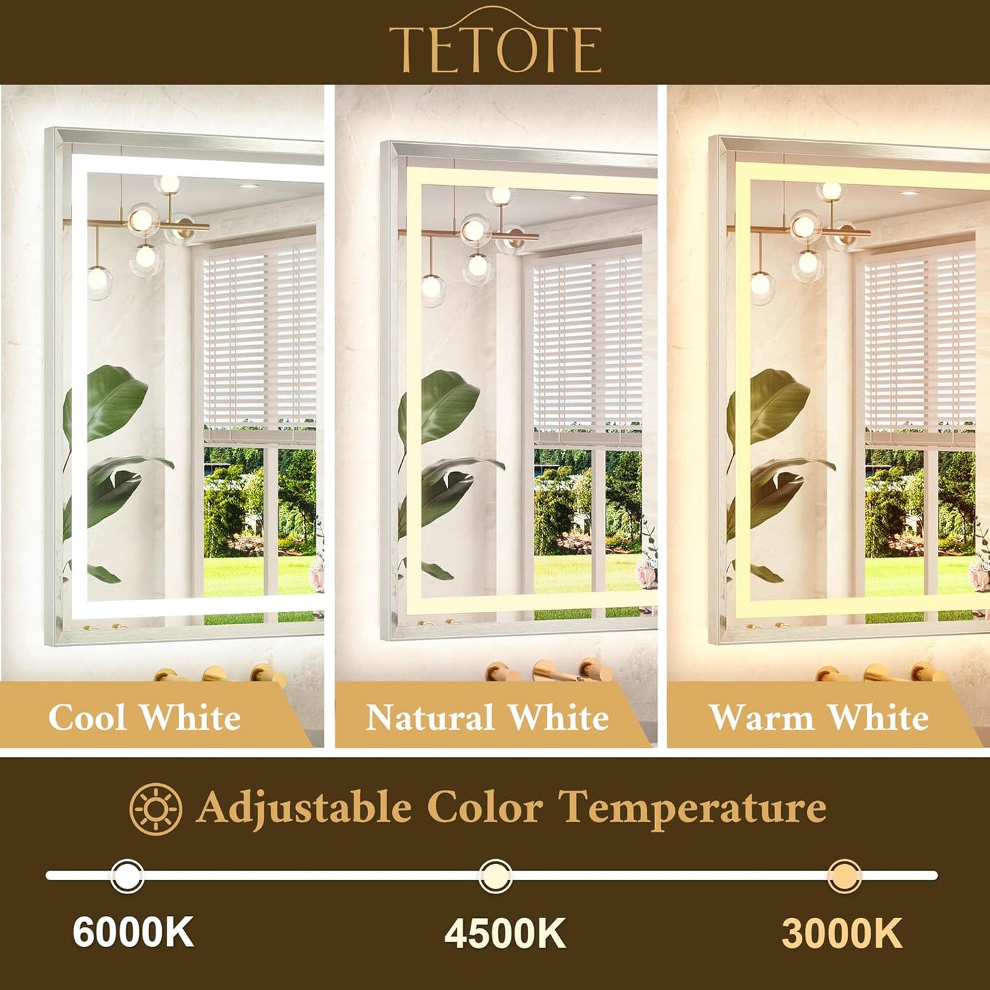 TETOTE 72 x 36 Large Bathroom Mirror Brushed Bright Nickel Metal Frame Frontlit & Backlit Vanity Mirror 3 Colors White/Warm/Natural Stepless Dimmable Anti-Fog Bathroom Mirrors for Vanity Wall-Mounted