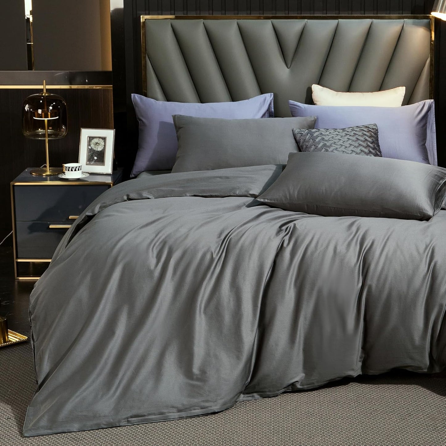 MooMee Duvet Cover Set 100% Extra Long Staple Cotton 600 Thread Count Silky Sateen Smooth Luxury Soft Breathable Durable Hotel Quality Bedding, 3 Pieces (Dark Gray, Super King 108"x98")