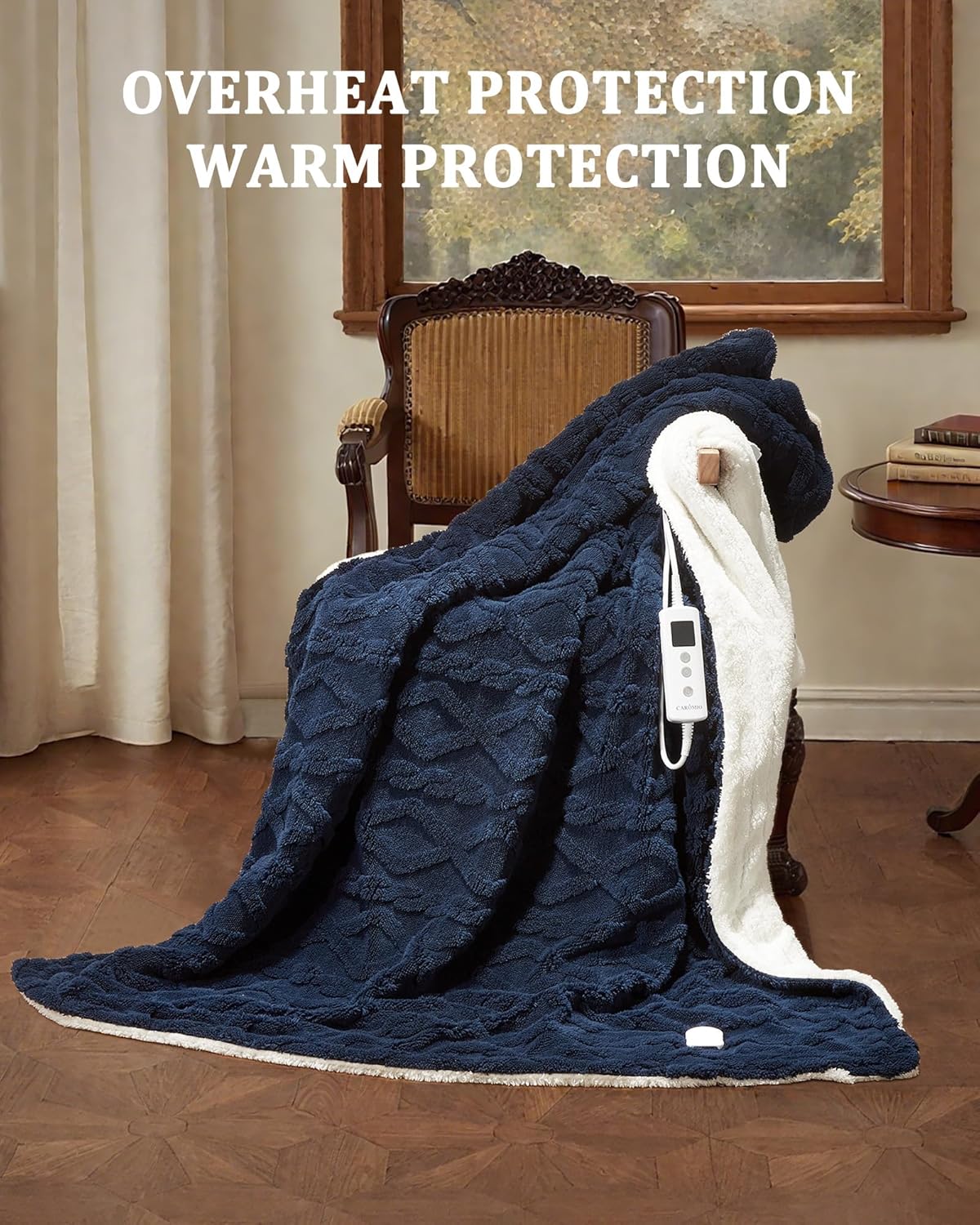CAROMIO Heated Throw Blanket - Thick Tufted Sherpa Electric Blanket Throw with 10 Heating Levels and 10 Time Settings, ETL Certified Machine Washable Fast Heating Blanket Throw 50"×60", Navy Blue