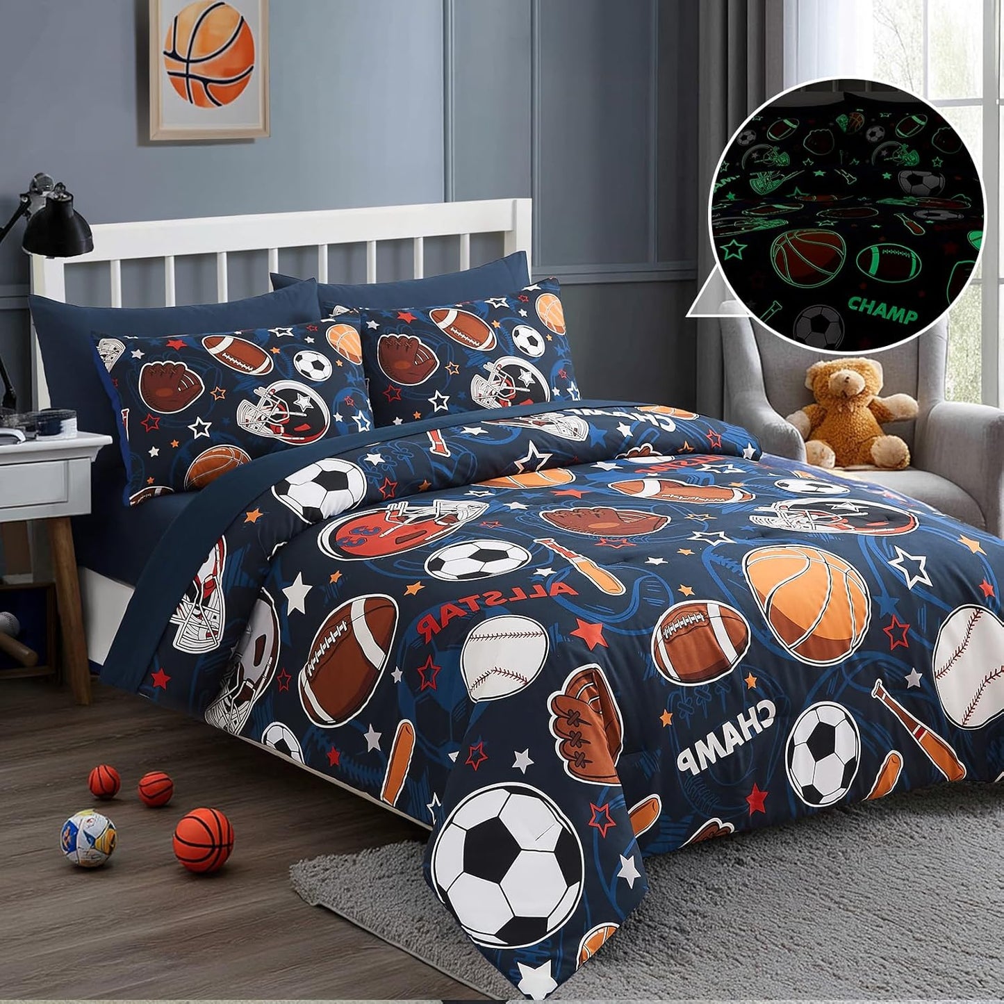 Full Size Comforter Set for Boys-7 Pieces Sports Ball Games Glow in The Dark Full Bedding Sets for Kids, Ultra Soft Bed in A Bag with Sheets