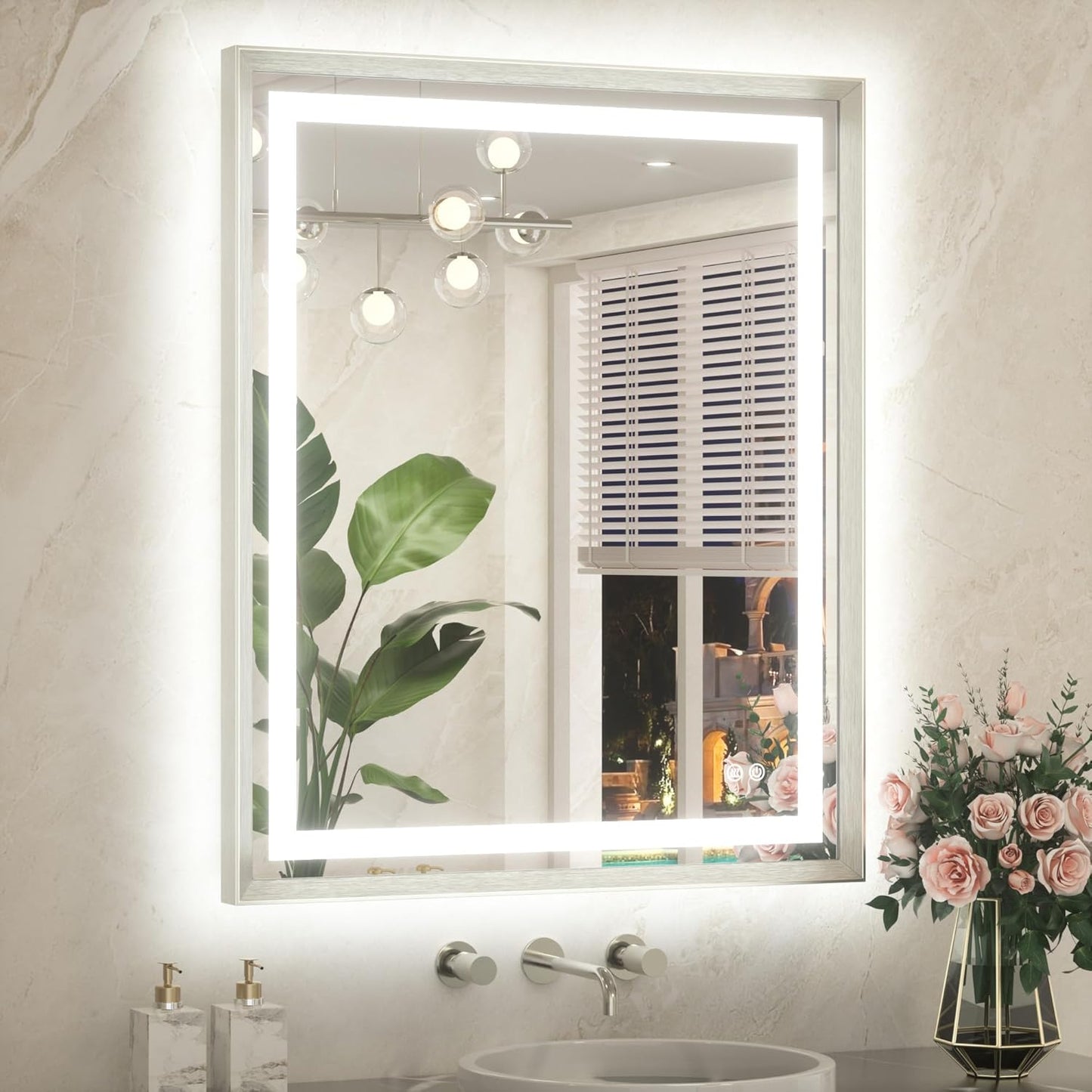TETOTE Led Bathroom Mirror 30 x 36 with Brushed Nickel Frame Anti-Fog Frontlit & Backlit Vanity Mirror Stepless Dimmable Lighted Mirrors for Bathroom Wall 3 Colors White/Warm/Natural Wall-Mounted