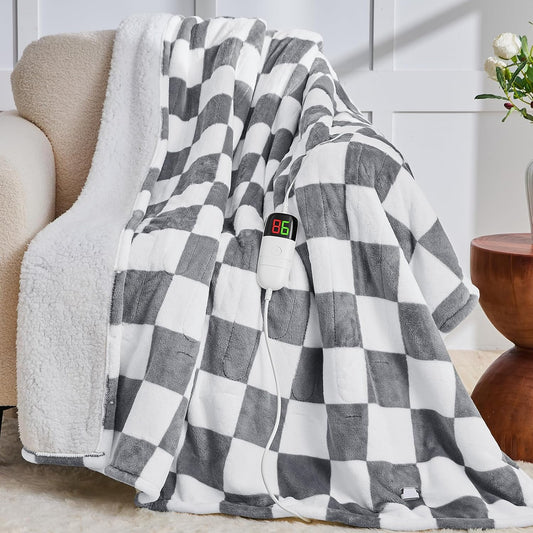 Heated Electric Blanketc Throw, 50X60 Heating Blanket with 10 Heat Level & 8 Hour Auto Off for Lap, Light Gray Checkered Plaid Sherpa Blankets Warmer Gift for Couch Grandma Women Adults Washable