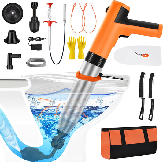 Electric Toilet Plunger, High Pressure Toilet Snake Drain Clog Remover, Splash-Free Unclogger with Drain Snake Auger, Plungers for Bathroom Heavy Duty, Versatile Air Blaster Unclogger Kit (Orange)