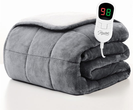 Homemate Heated Weighted Blanket for Adults - 50"x60" 10lbs Electric Throw Fast Heating Heavy Blanket 1/2/4/6/8 Hour Auto Off 10 Heat Levels Over-Heat Protection Soft Flannel Sherpa