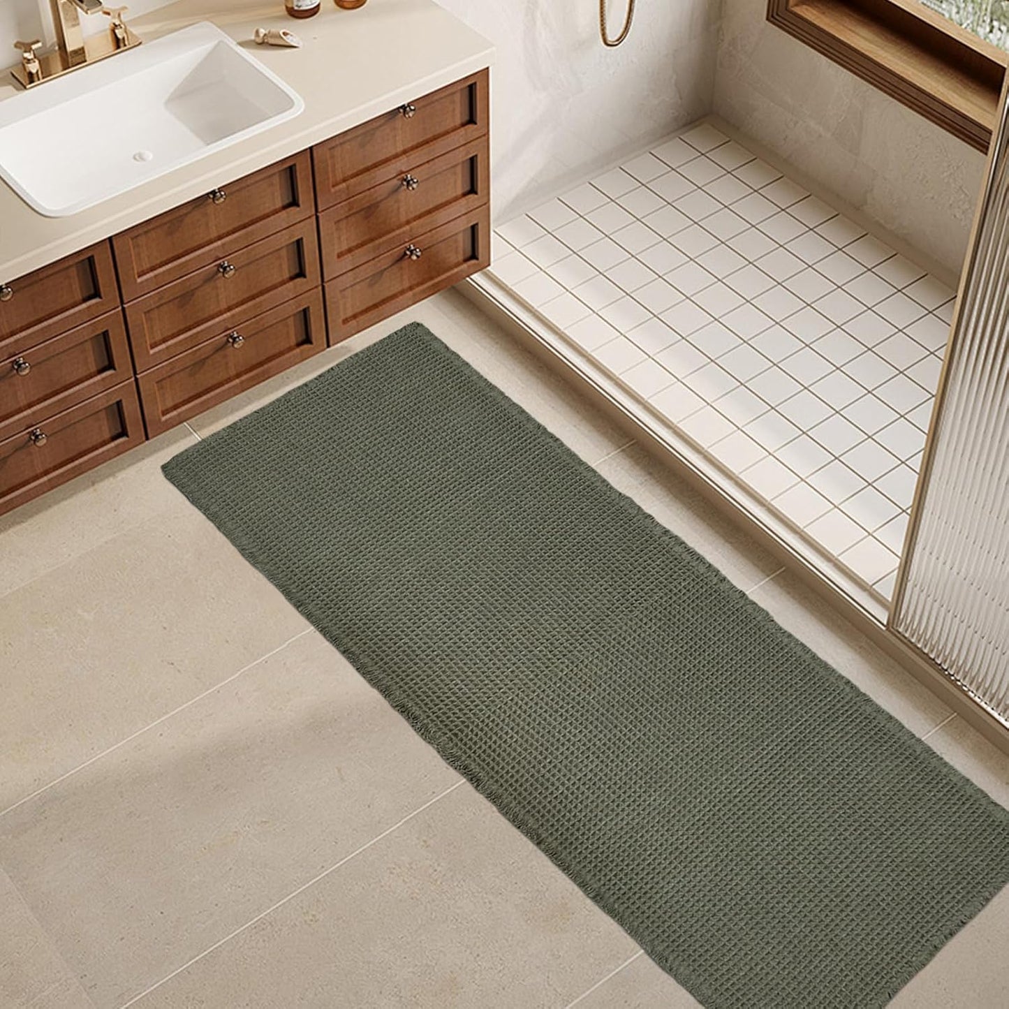 ZALL Waffle Bath Mat,Super Absorbent Non Slip Long Bathroom Runner Rug,Dark Green 24X72inch,Machine Washable Ultra Soft Floor Mats
