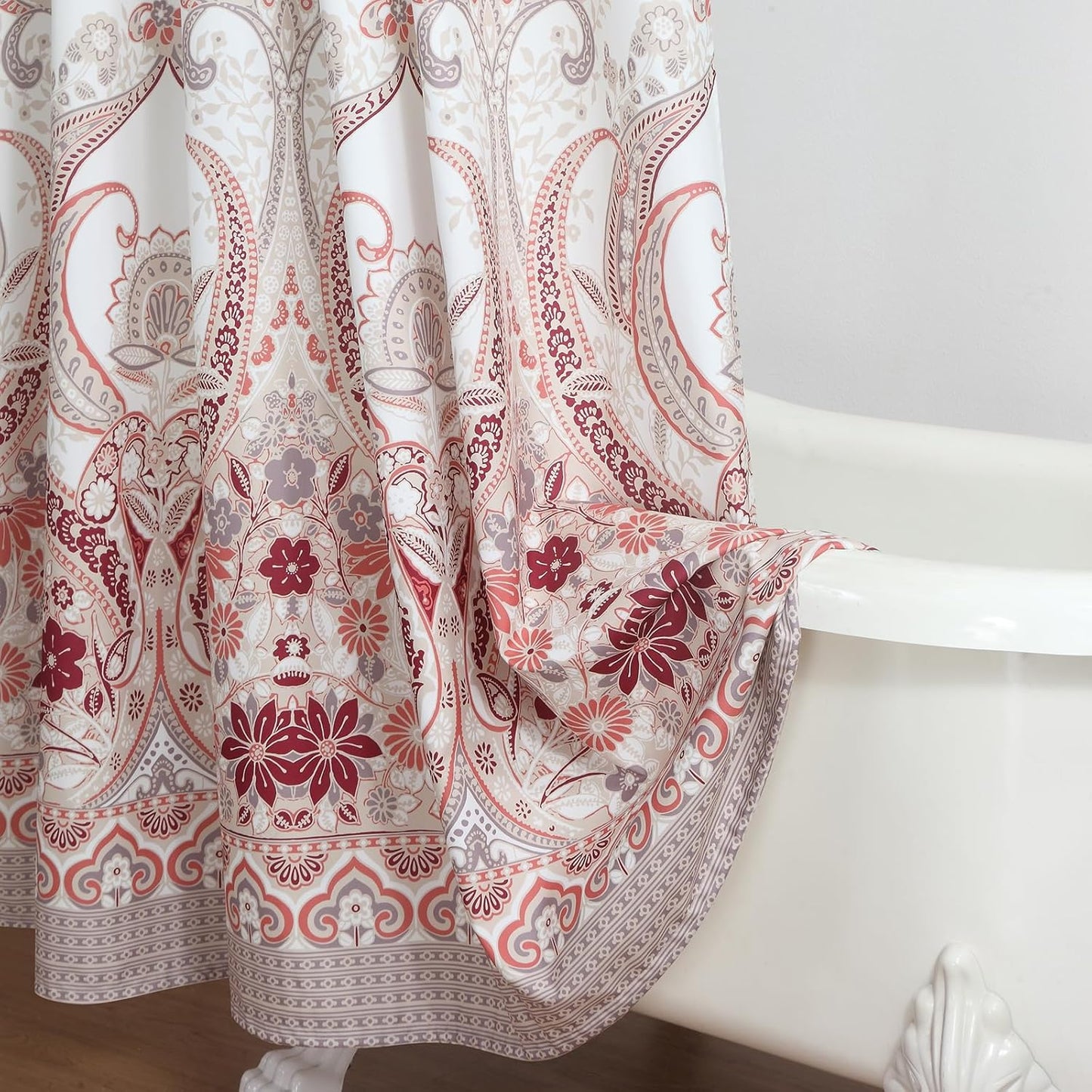 Long Shower Curtain 72x78 Inch - Water-Repellent Off-White Premium Fabric with Burgundy Terracotta Taupe Paisley Floral Design