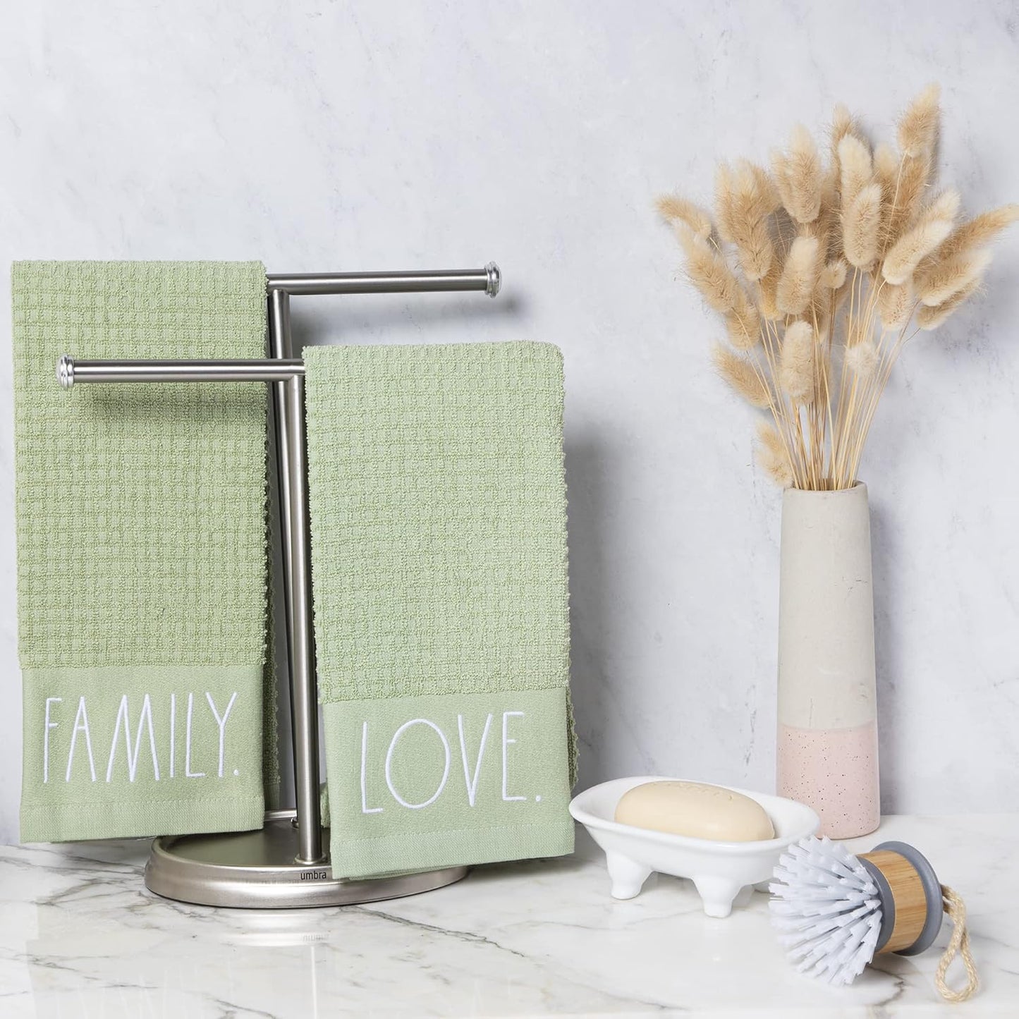 Rae Dunn Set of Hand Towels for Kitchen and Bathroom, 100% Cotton, Embroidered Dish Towels, Decorative Hand Towels, Sage- Love/Family, 2 Pack