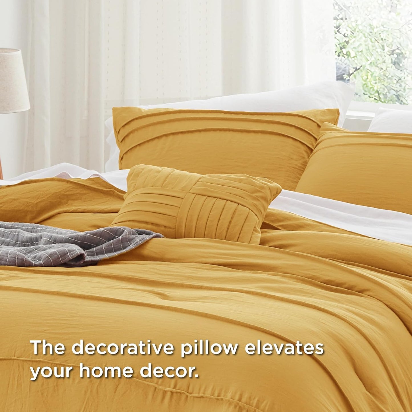 Bedsure Queen Comforter Set - 4 Pieces Pinch Pleat Bed Set, Mustard Yellow Boho Bedding for All Season, 1 Soft Comforter, 2 Pillowcases, 1 Decorative Pillow