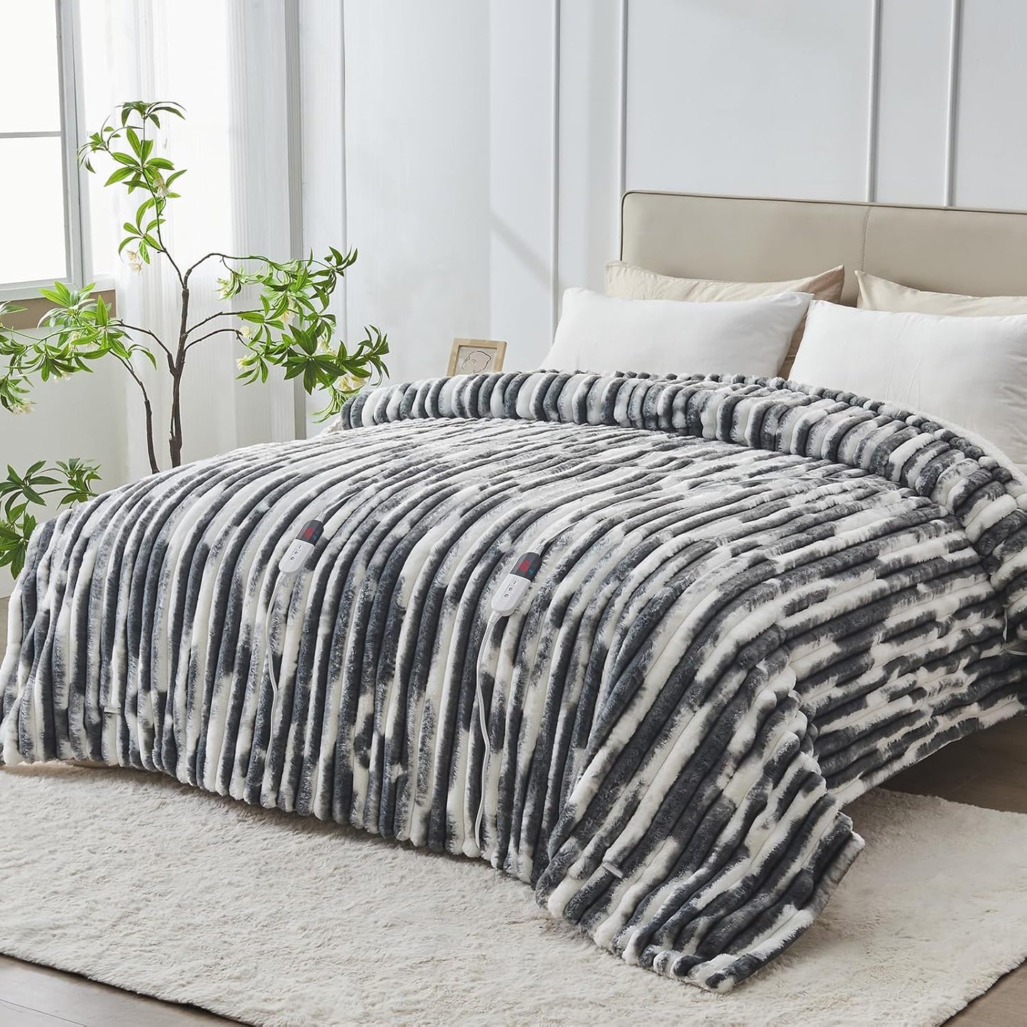 Heated Blanket Queen - 84"x90" Dual Control Bed Electric Blankets with 6 Heating Levels & 10 Hours Auto Off, Soft Ribbed Faux Fur Sherpa, Over-Heated Protection ETL, Dark Gray