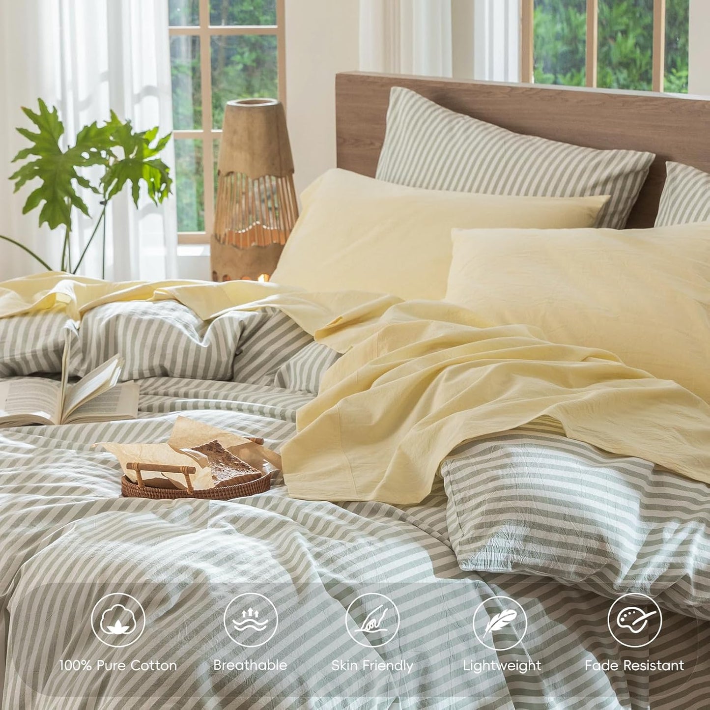 MooMee Bedding Sheet Set 100% Washed Cotton Linen Like Textured Breathable Durable Soft Comfy (Heathered Butter Yellow, California King)