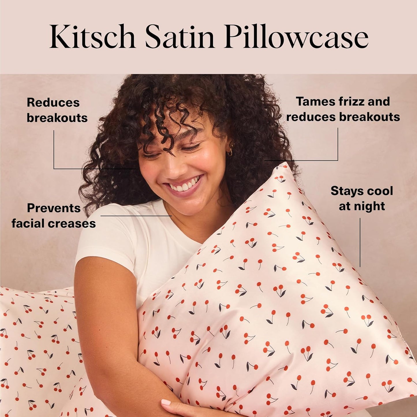 Kitsch Satin Pillowcase, Softer Than Silk Pillow Cases Queen, Cooling Pillow Covers, Satin Pillowcase w/Zipper for Hair, Skin & Quality Sleep, Wrinkle-Free & Smooth, Queen Size 19"x26", Cherry Print