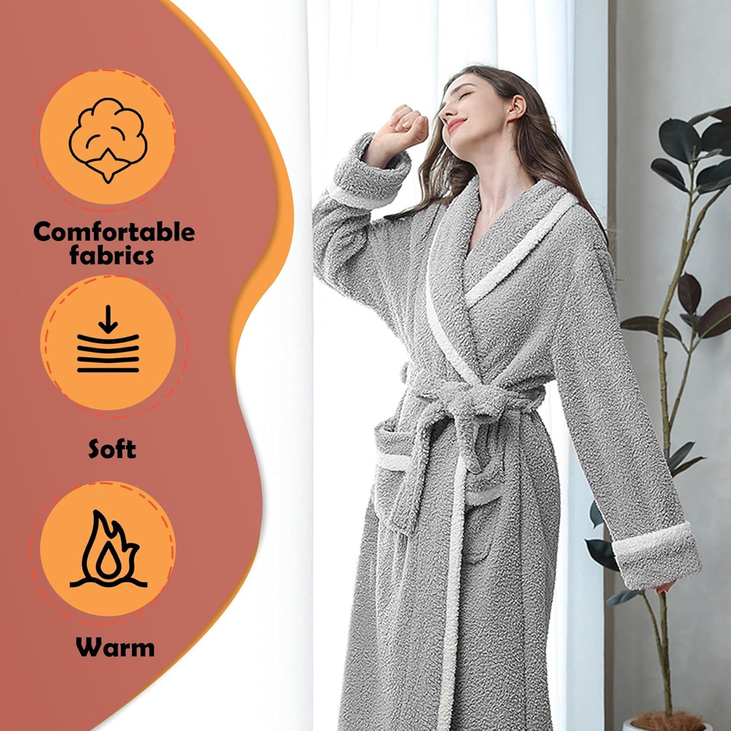 Oksun Womens Long Fleece Robe: Soft Fluffy Warm Bathrobe - Cozy Winter Housecoat Nigthgown with Chic Piping