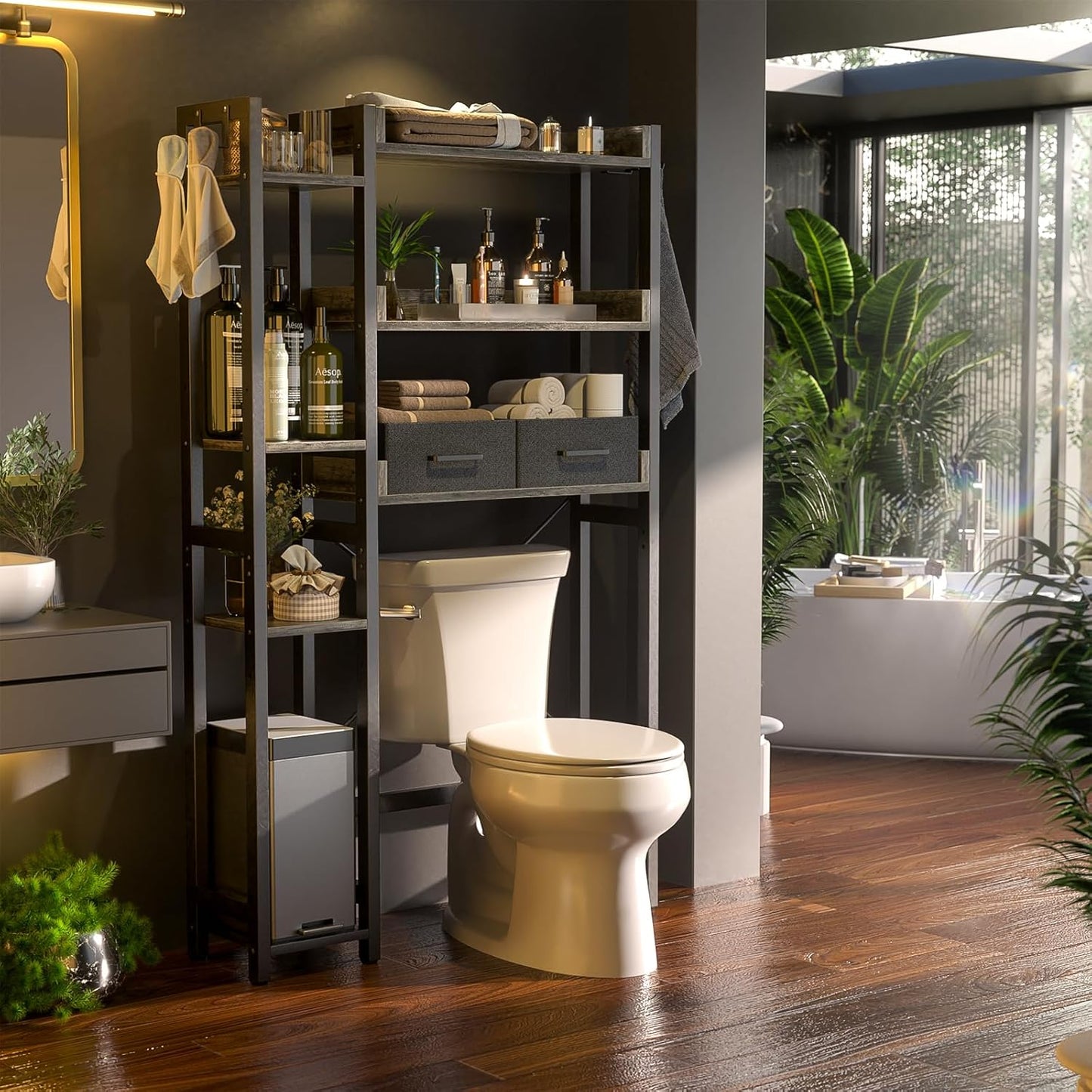 Over The Toilet Storage with 2 Drawers - 7 Tier Bathroom Organizer with Adjustable Shelf, Freestanding Space Saver Storage Rack Above Toilet Stand with 4 Hooks for Restroom, Laundry, Grey Oak