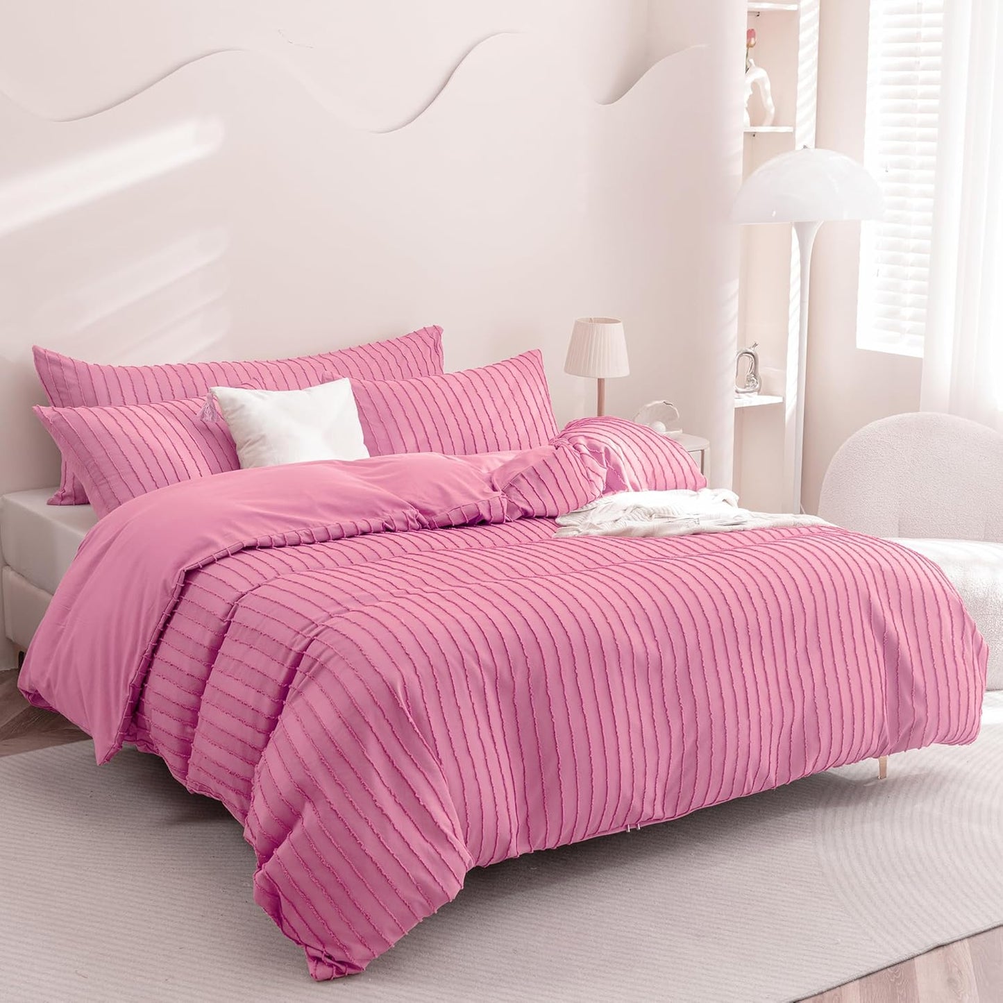 JELLYMONI Duvet Cover Queen Size Bright Pink - 3PCS Boho Striped Duvet Cover Set Polyester Tufted Bohemian Textured Comforter Cover with Corner Ties & Zipper Closure