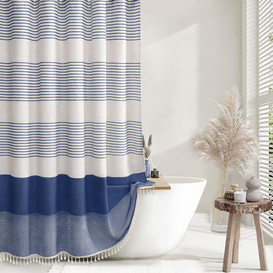Awellife Blue Shower Curtain for Bathroom Linen Texture Stripe Tassel Shower Curtain 72 X 84 Inches Boho Neutral