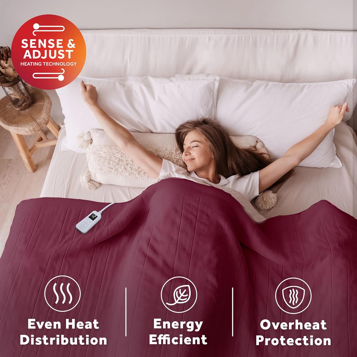 Sunbeam Electric Royal Luxe Microplush Heated Blanket, 12 Heat Settings, 12-Hour Auto Shut-Off, Fast Heating, Warm & Cozy, Machine Washable, Cabernet Color, Twin (84" x 62")