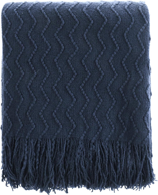BATTILO HOME Navy Blue Throw Blanket for Couch, Textured Soft Navy Throw, Decorative Knitted Navy Blanket Throw for Sofa Bed Living Room, 50"x60"