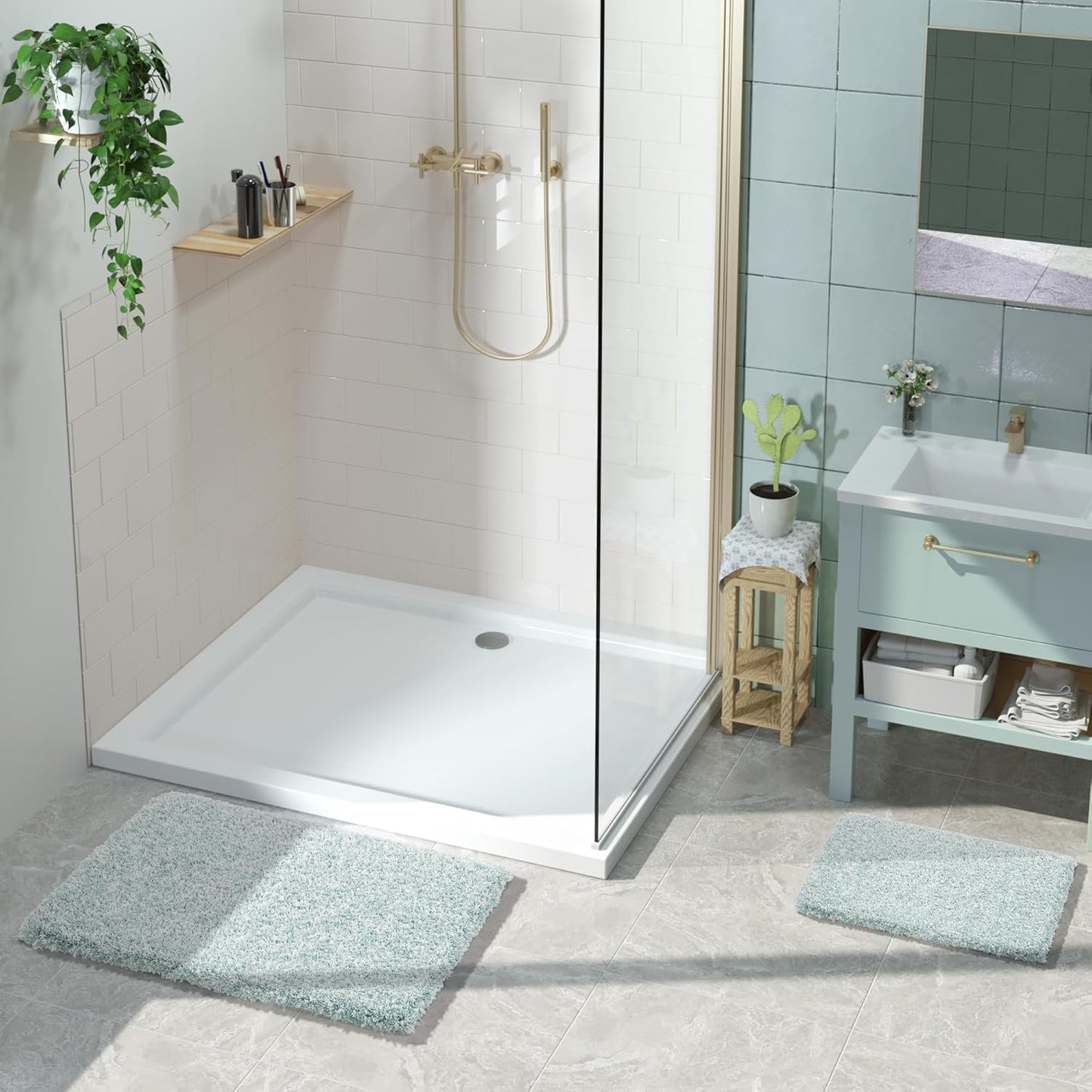 Yimobra Bath Rugs for Bathroom 32x20, Ultra Soft and Water Absorbent Bath Mats, Non Slip Plush Shower Mat, Microfiber Thick Matts for Bathroom Floor/Tub, Machine Washable, Sky Light Blue and White