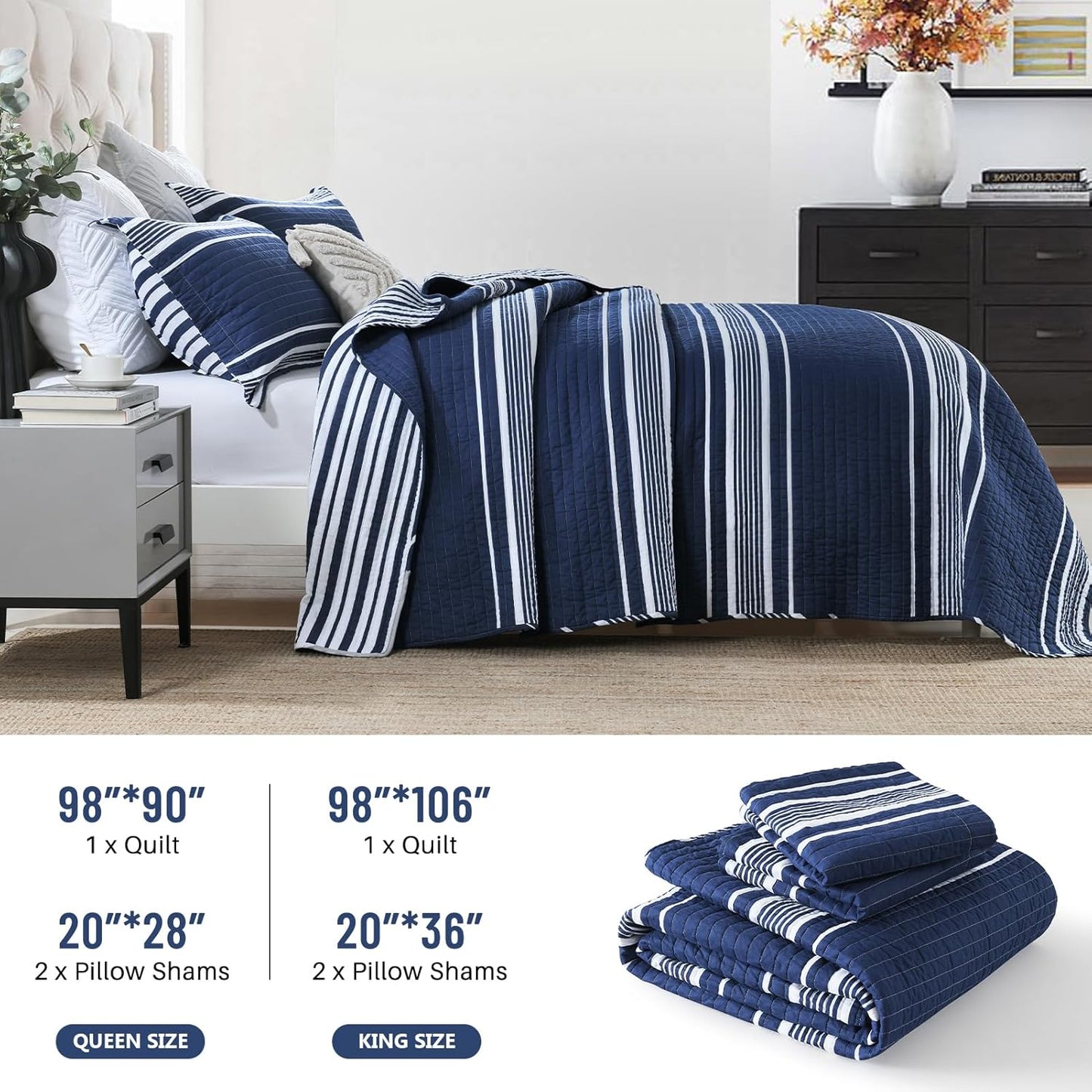 Striped Queen Size Quilt - 100% Cotton Navy Blue White Striped Modern Boys Men Unisex Quilt Bedspread for Queen Bed, Lightweight Reversible Quilted Bedding Set with 2 Pillow Shams, All Season