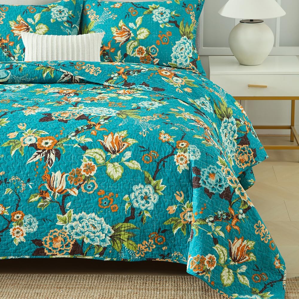 ENASAL Cotton Bedspread Quilt Sets Reversible Bedding Coverlet Sets Comforter, Vintage Floral with Peacock Pastoral Turquoise Bedspread, King Size