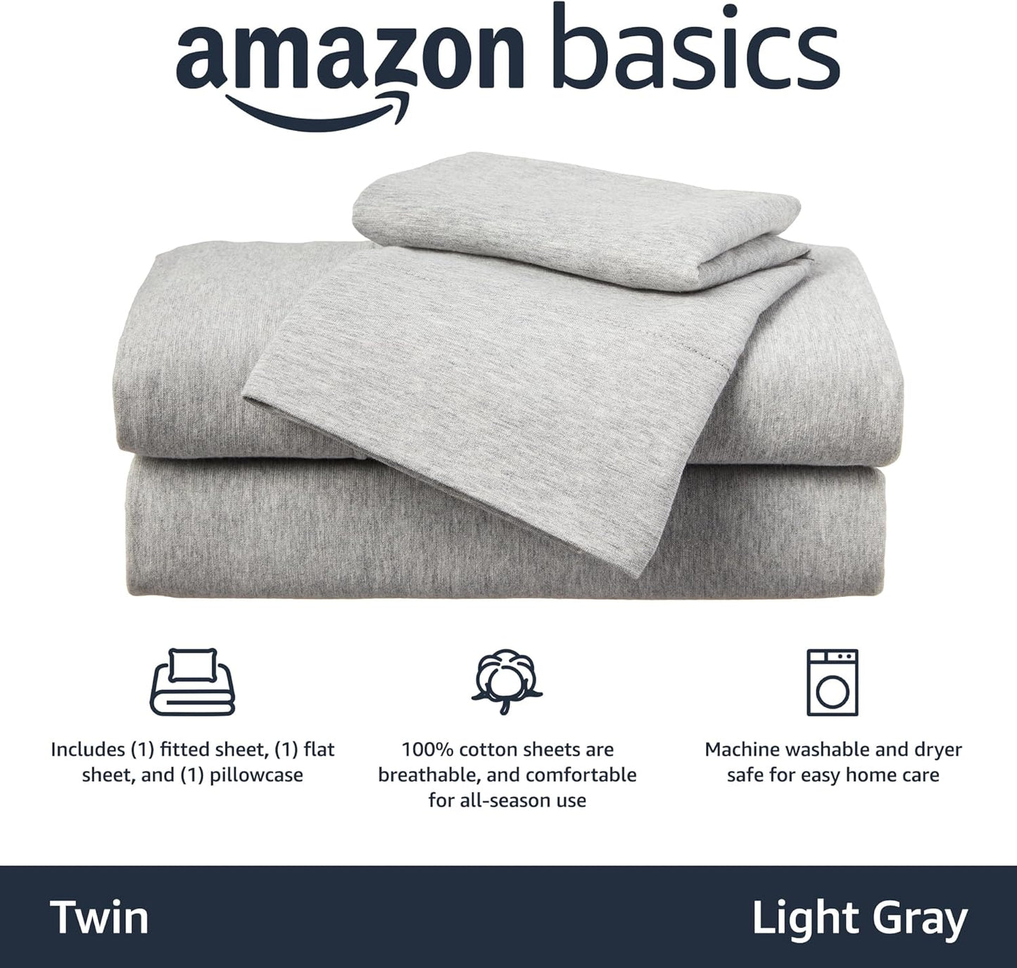 Amazon Basics 3 Piece Bed Sheets Set, 100% Cotton Jersey, Includes Super Soft, Flat and Fitted Sheets, Pillowcase, Twin, Light Gray, Solid