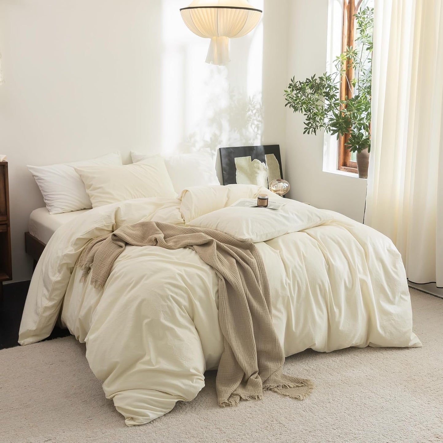 FOSSA Duvet Cover Set 100% Washed Cotton Linen Feel Super Soft Breathable Cozy 3 Pieces Bedding Sets Solid Cream White Oversized King