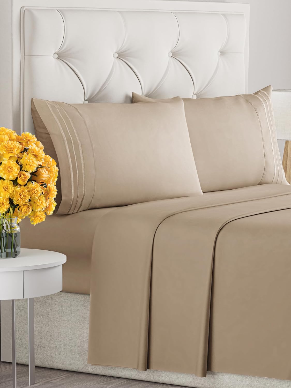 Cal King Size 4 Piece Sheet Set - Extra Soft, Breathable & Cooling Sheets - Hotel Luxury Bed Sheets for Women & Men - Deep Pockets, Easy-Fit & Wrinkle-Free Sheets - Light Caramel Oeko-Tex Bed Sheets