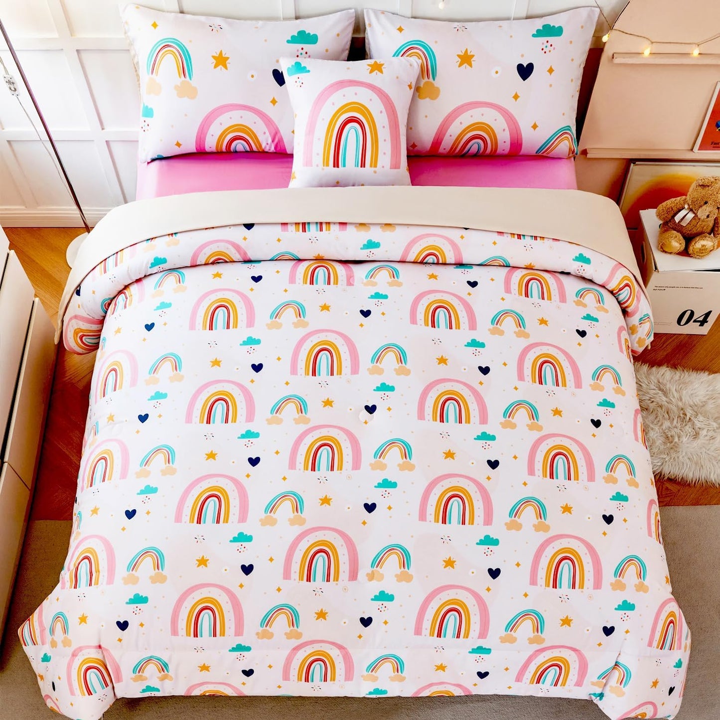 ANGIYUIN 6 Pieces Multi-Color Rainbow Full Bedding Set for Girls Kids Cute Cloud and Love Hearts Girls Comforter Set Soft Microfiber Kid Bed in a Bag with Comforter, Sheets, Pillowcases